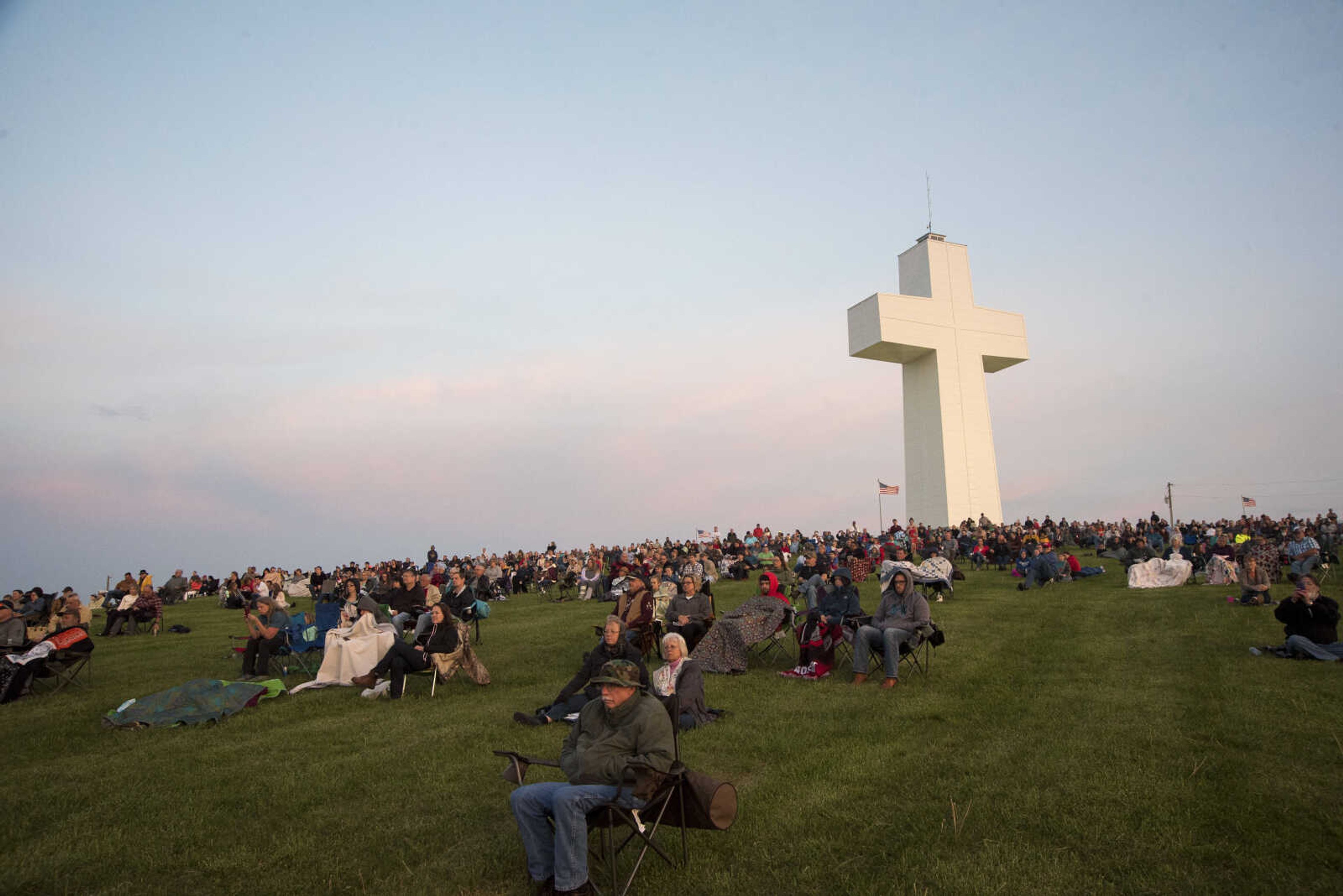 People gather during the 81st annual Easter Sunrise Service at the Bald Knob Cross of Peace Sunday, April 16, 2017 in Alto Pass, Illinois.