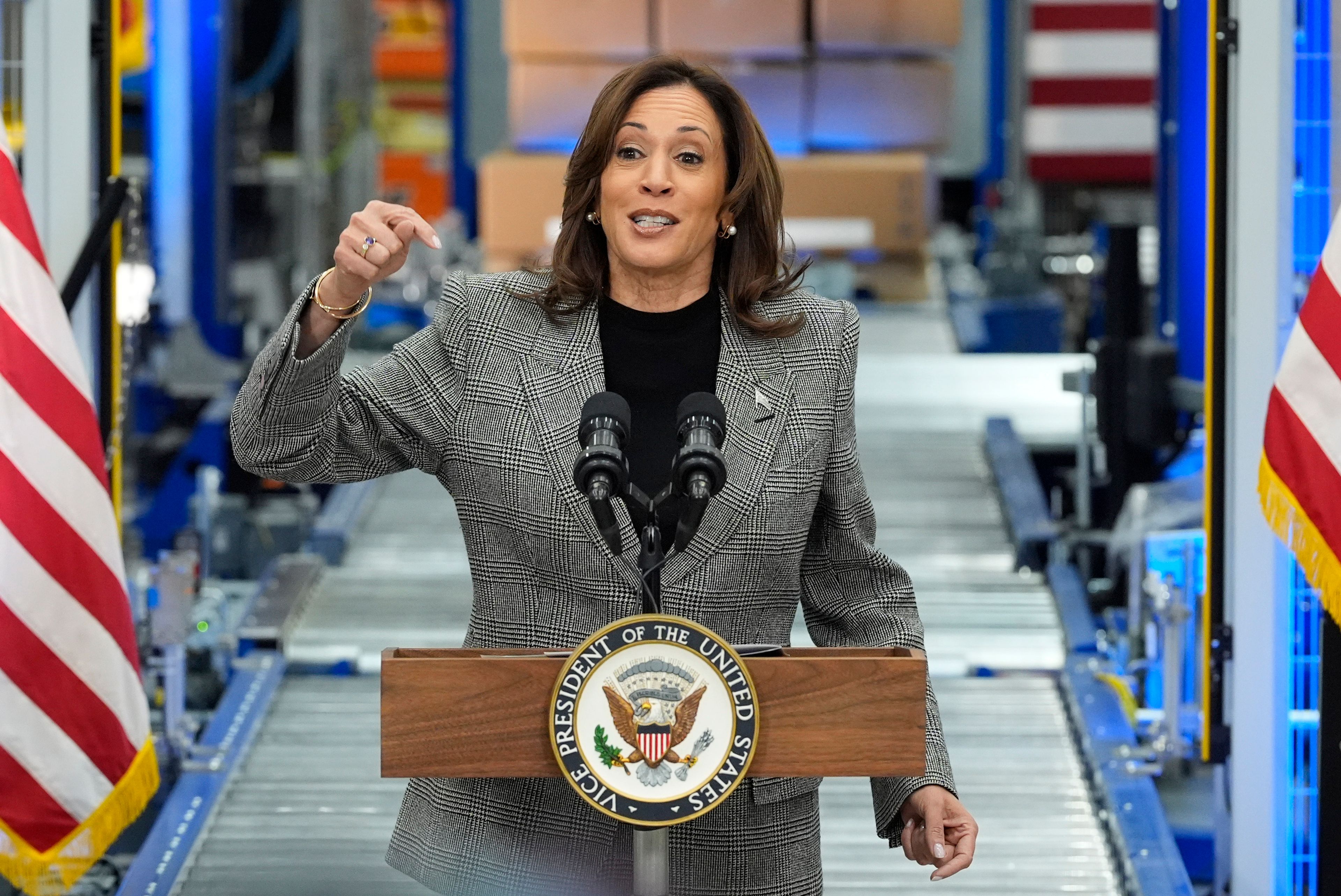 Democratic presidential nominee Vice President Kamala Harris speaks after taking a tour of the Hemlock Semiconductor Next-Generation Finishing facility in Hemlock, Mich., Monday, Oct. 28, 2024. (AP Photo/Jacquelyn Martin)