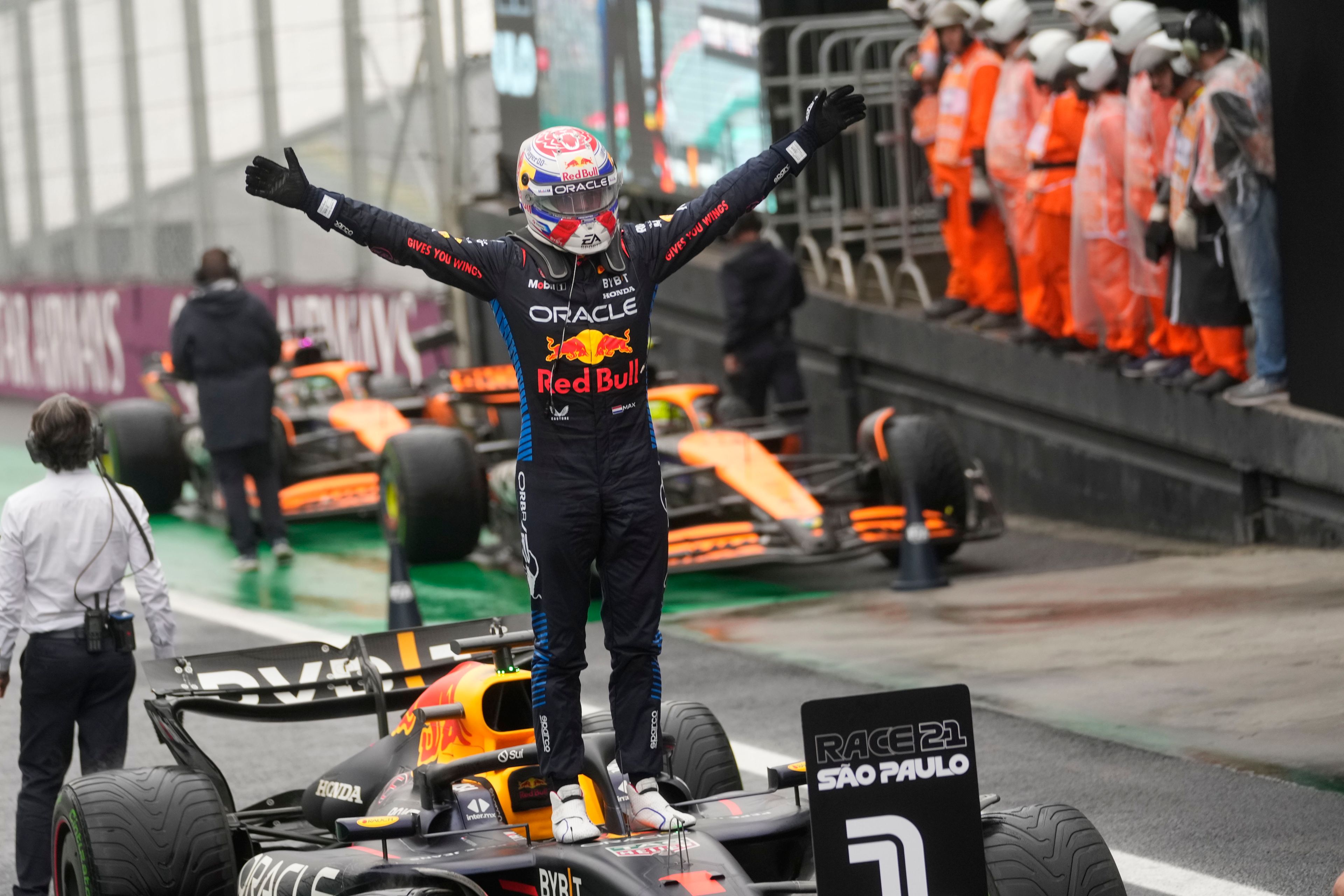 Red Bull driver Max Verstappen, of the Netherlands, celebrates winning the Brazilian Formula One Grand Prix at the Interlagos race track in Sao Paulo, Brazil, Sunday, Nov. 3, 2024. (AP Photo/Andre Penner)