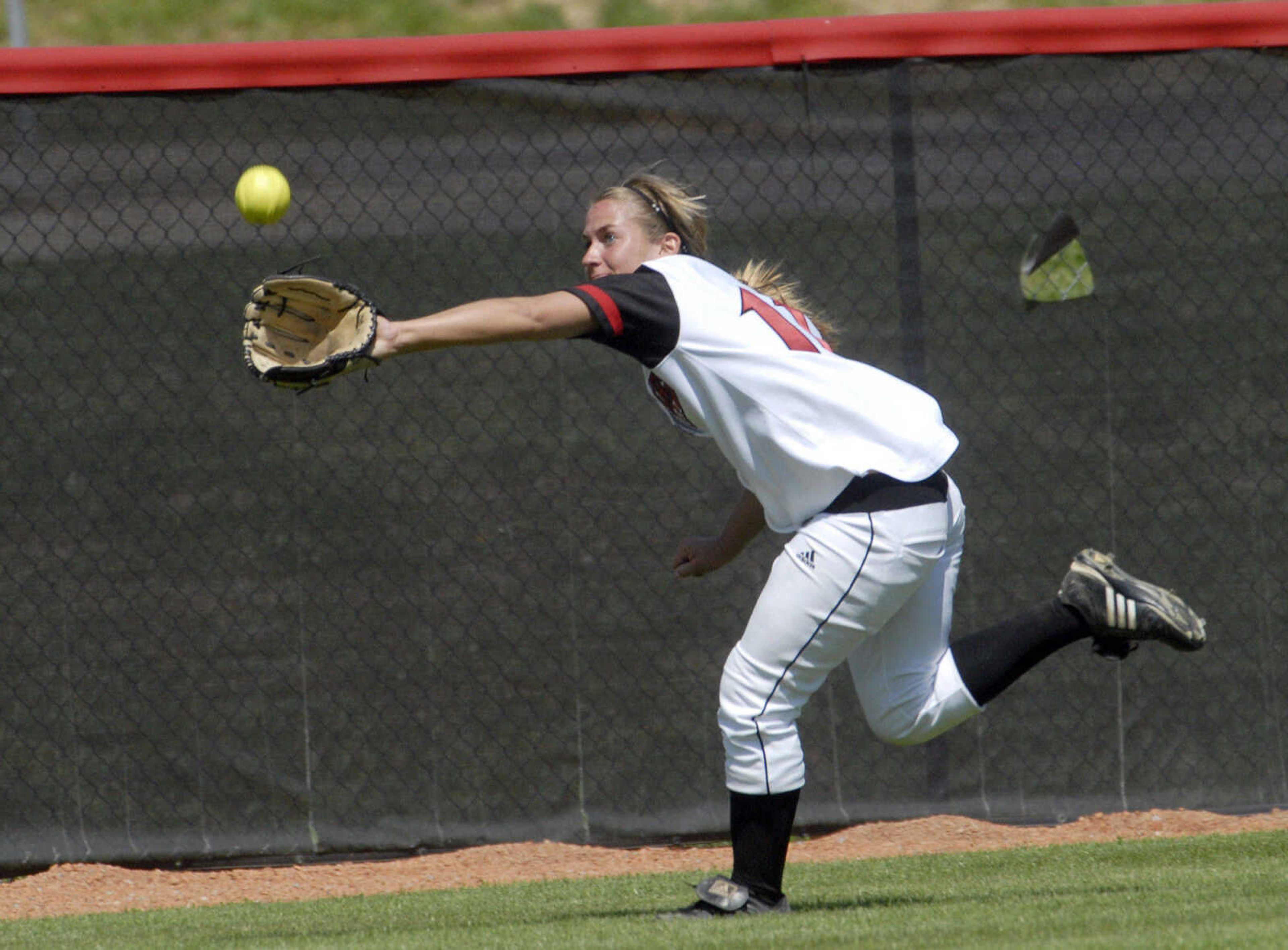 FRED LYNCH ~ flynch@semissourian.com
Southeast Missouri State centerfielder Elise Sperakos hauls in a fly ball hit to left center by Eastern Kentucky which ended the top of the seventh inning Sunday at Southeast.