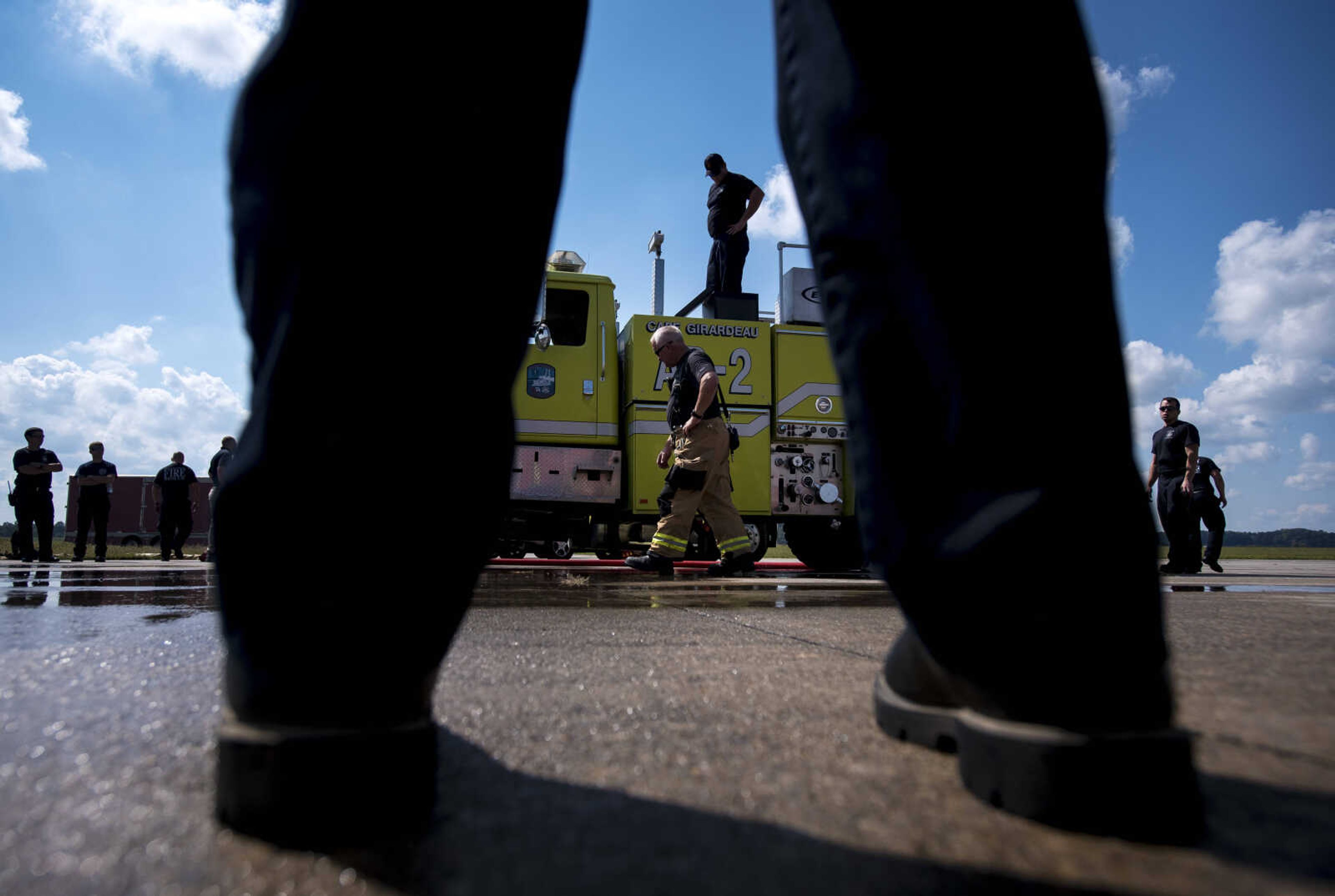 A Cape Girardeau fire truck is filled up with water to be used for airplane fire drills at the Cape Girardeau Regional Airport Friday morning, Sept. 15, 2017 in Cape Girardeau.