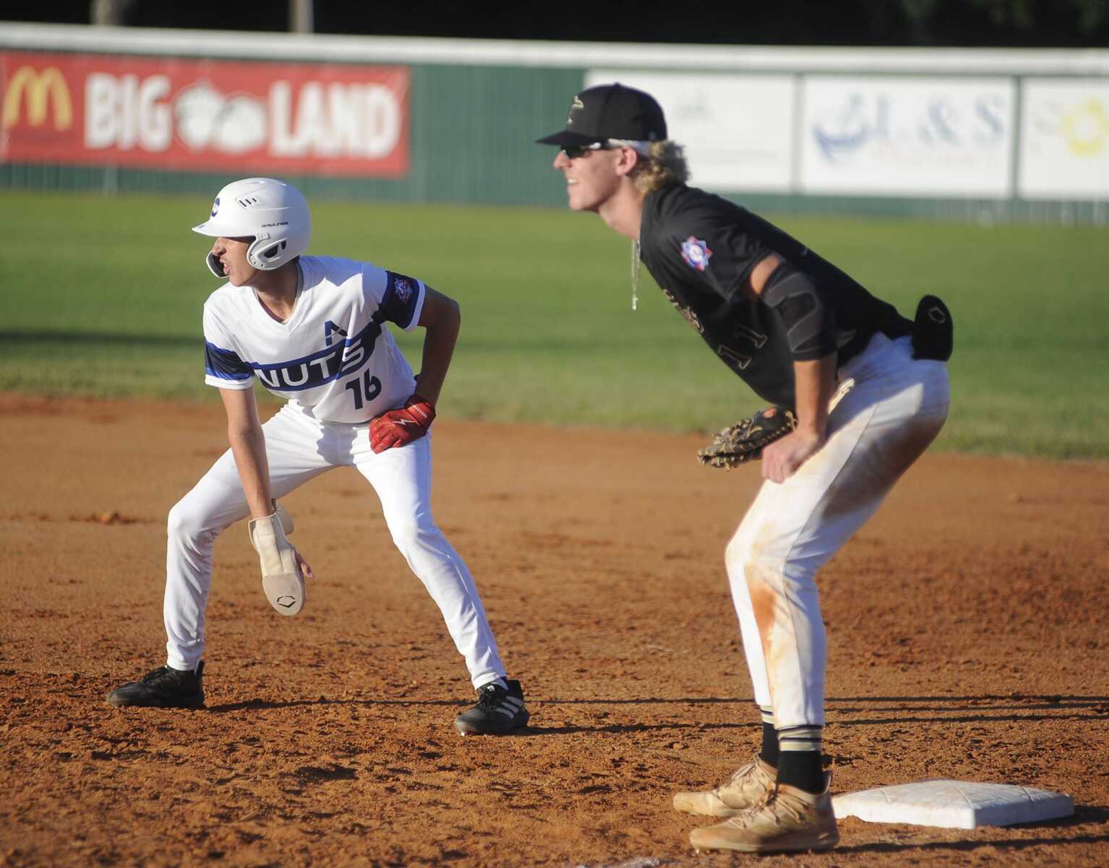 Southeast Tropics' Dalton Forck readies for the next play at first base during a recent game against the Aycorp Charleston Fighting Squirrels at Hillhouse Park in Charleston.