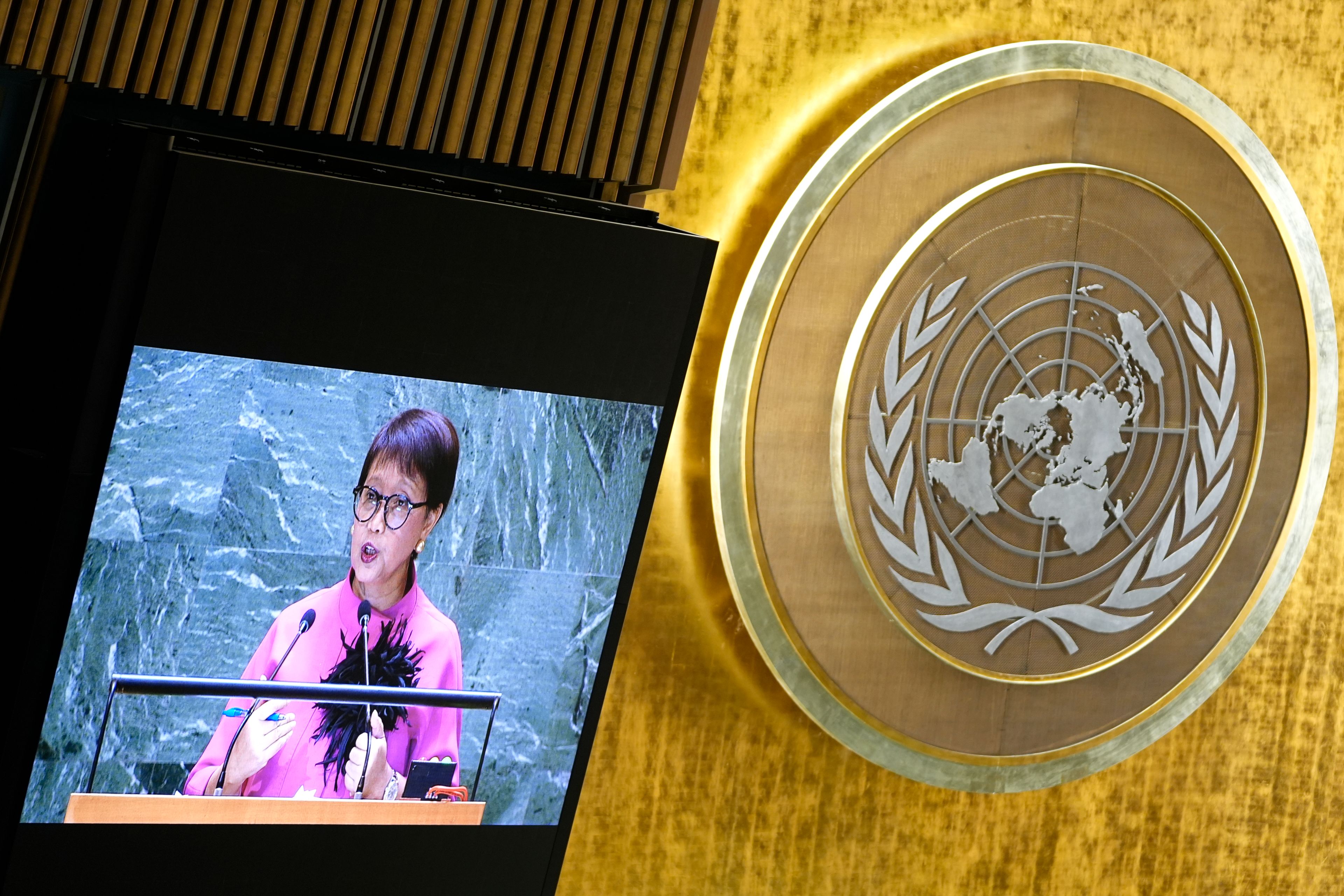 Indonesia's Minister for Foreign Affairs Retno Lestari Priansari Marsudi addresses the 79th session of the United Nations General Assembly, Saturday, Sept. 28, 2024. (AP Photo/Pamela Smith)