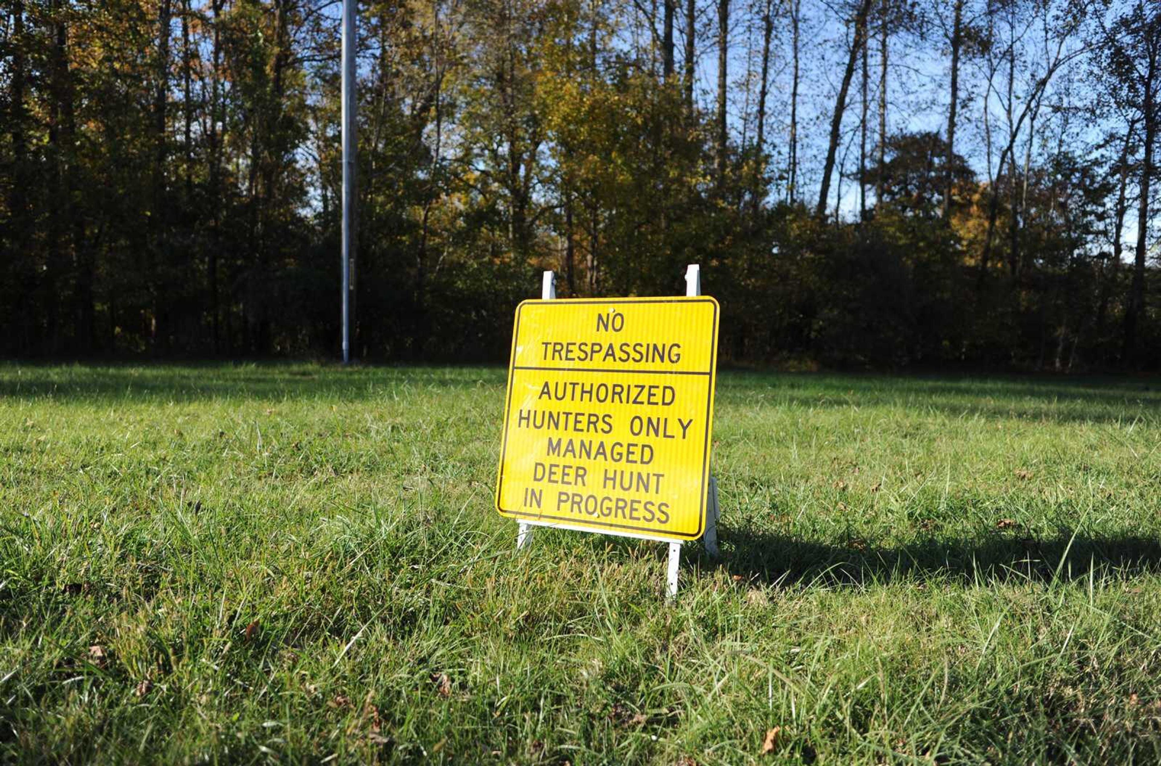 A "No Tresspassing" sign restricts pedestrians from entering a wooded area near Fountain Park on Tuesday. Five areas of Cape Girardeau closed Monday for a managed deer hunt that will end Dec. 5.