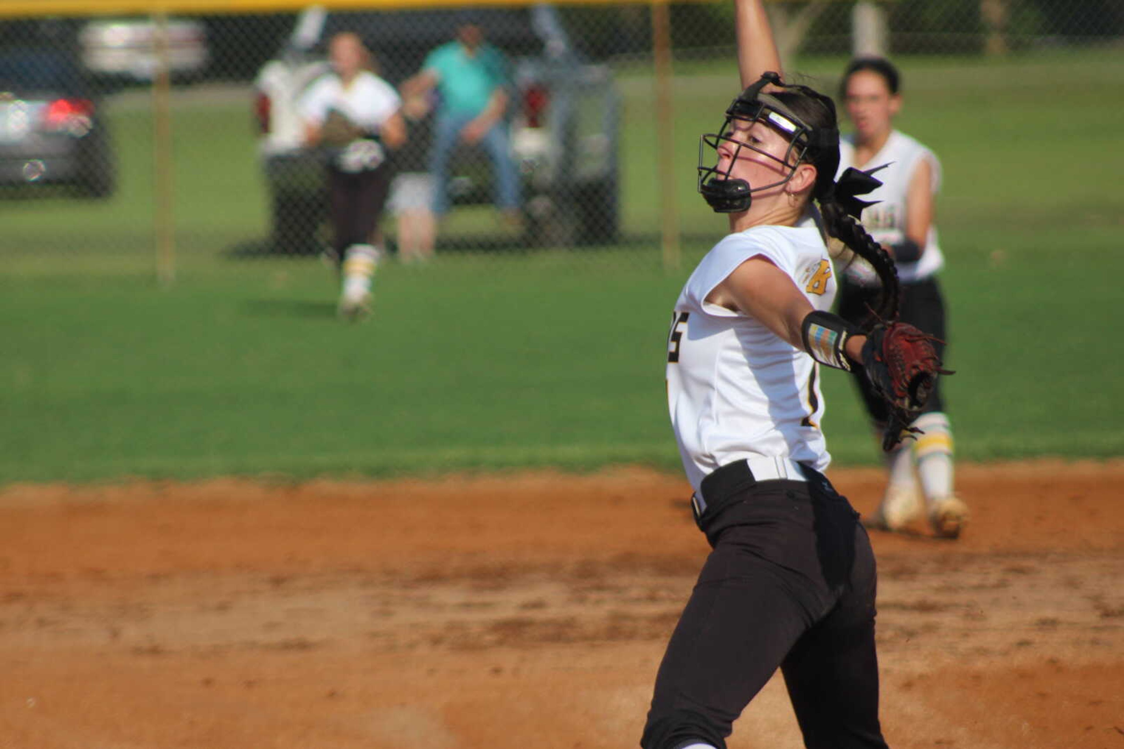 Lady Indians pitching ace Handley McAtee winds up Tuesday against the East Prairie Lady Eagles.