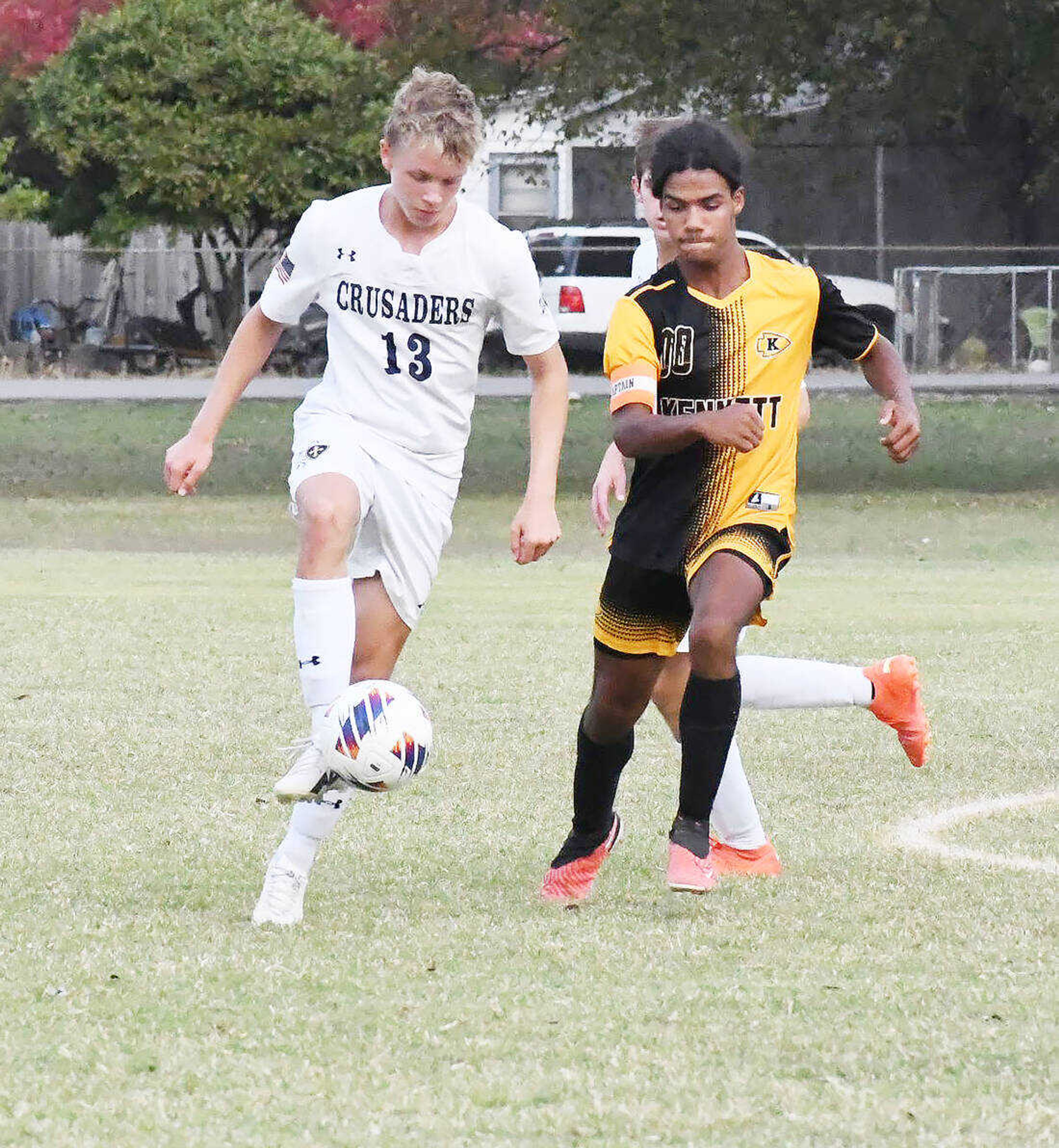 Lucas Randle was the senior glue on the Kennett High School soccer team this season, shown here defending against a Saxony Lutheran player during a Tuesday, Oct. 24, 2023, match at Indian Park in Kennett.