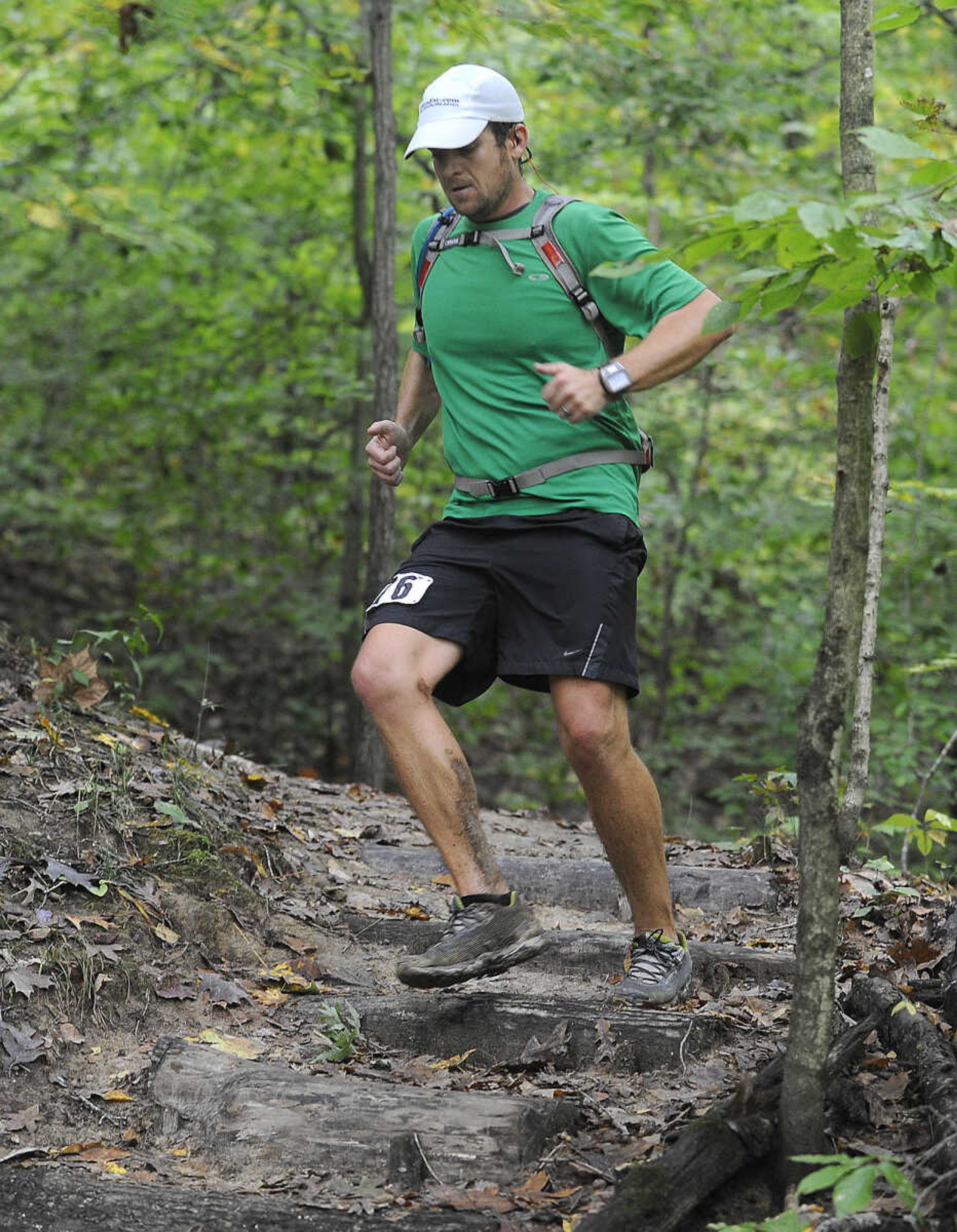 John Pollihan runs down the Sheppard Point Trail in the first Trail of Tears 50k event Sunday, Oct. 12, 2014 at Trail of Tears State Park.