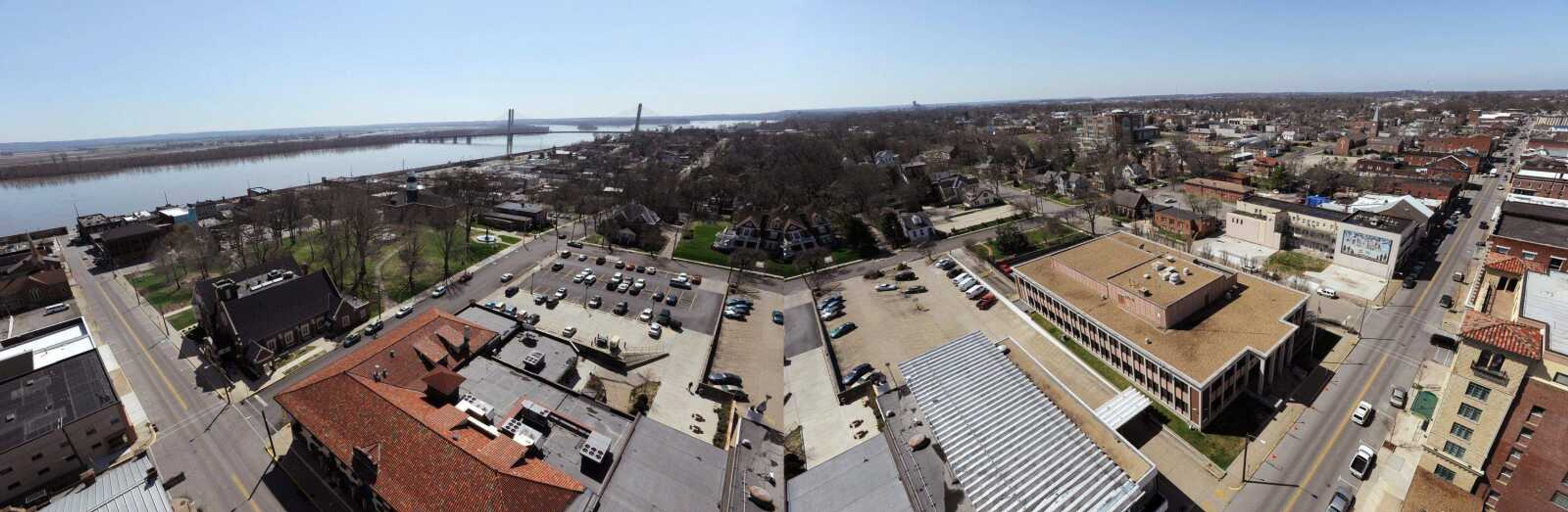 This panoramic montage looking south from above Broadway includes the boundaries of the Old Town Cape area; east to the river, west to West End Boulevard and south to Highway 74. (Fred Lynch)