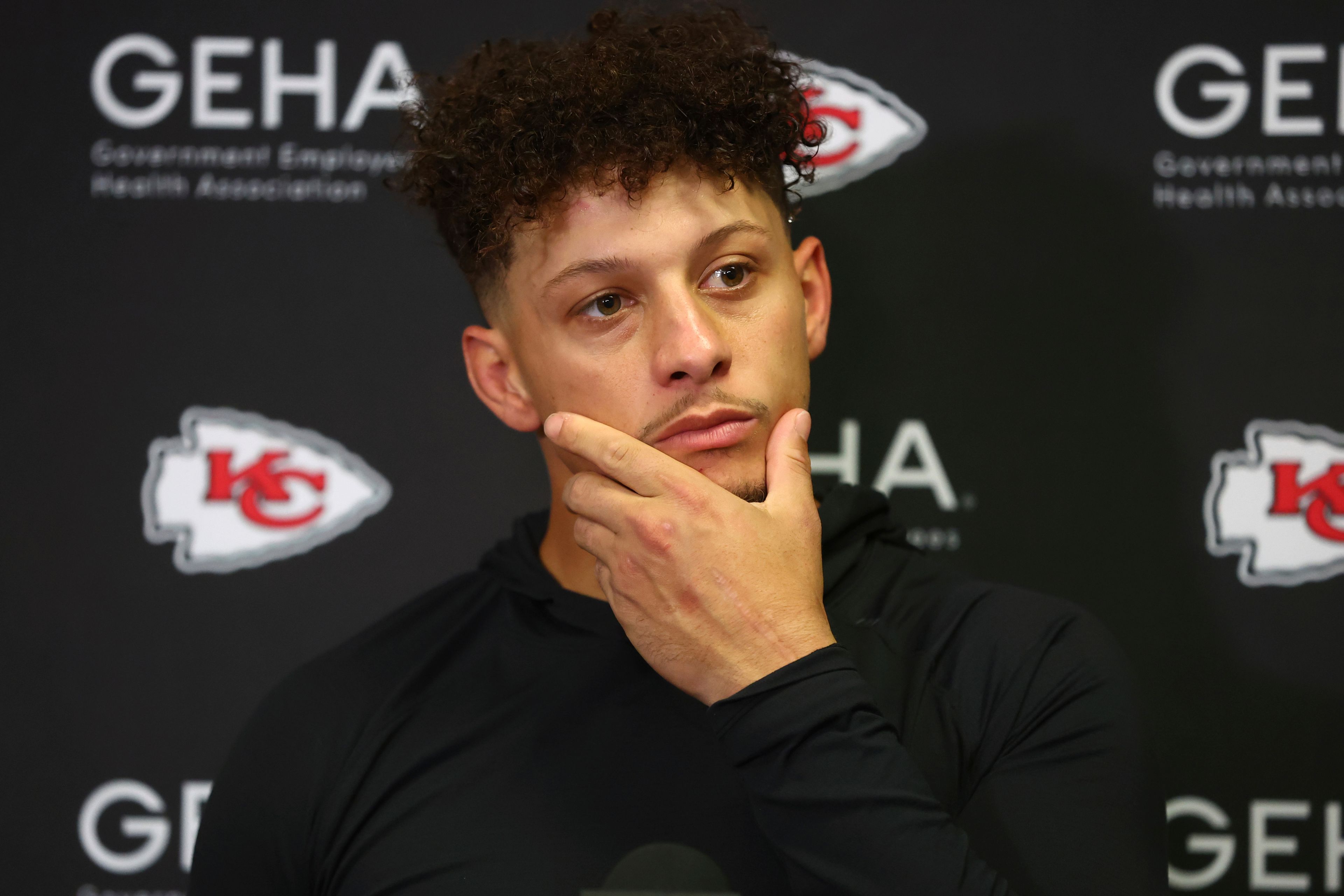 Kansas City Chiefs quarterback Patrick Mahomes speaks during a news conference following an NFL football game against the Buffalo Bills Sunday, Nov. 17, 2024, in Orchard Park, N.Y. The Bills won 30-21. (AP Photo/Jeffrey T. Barnes)