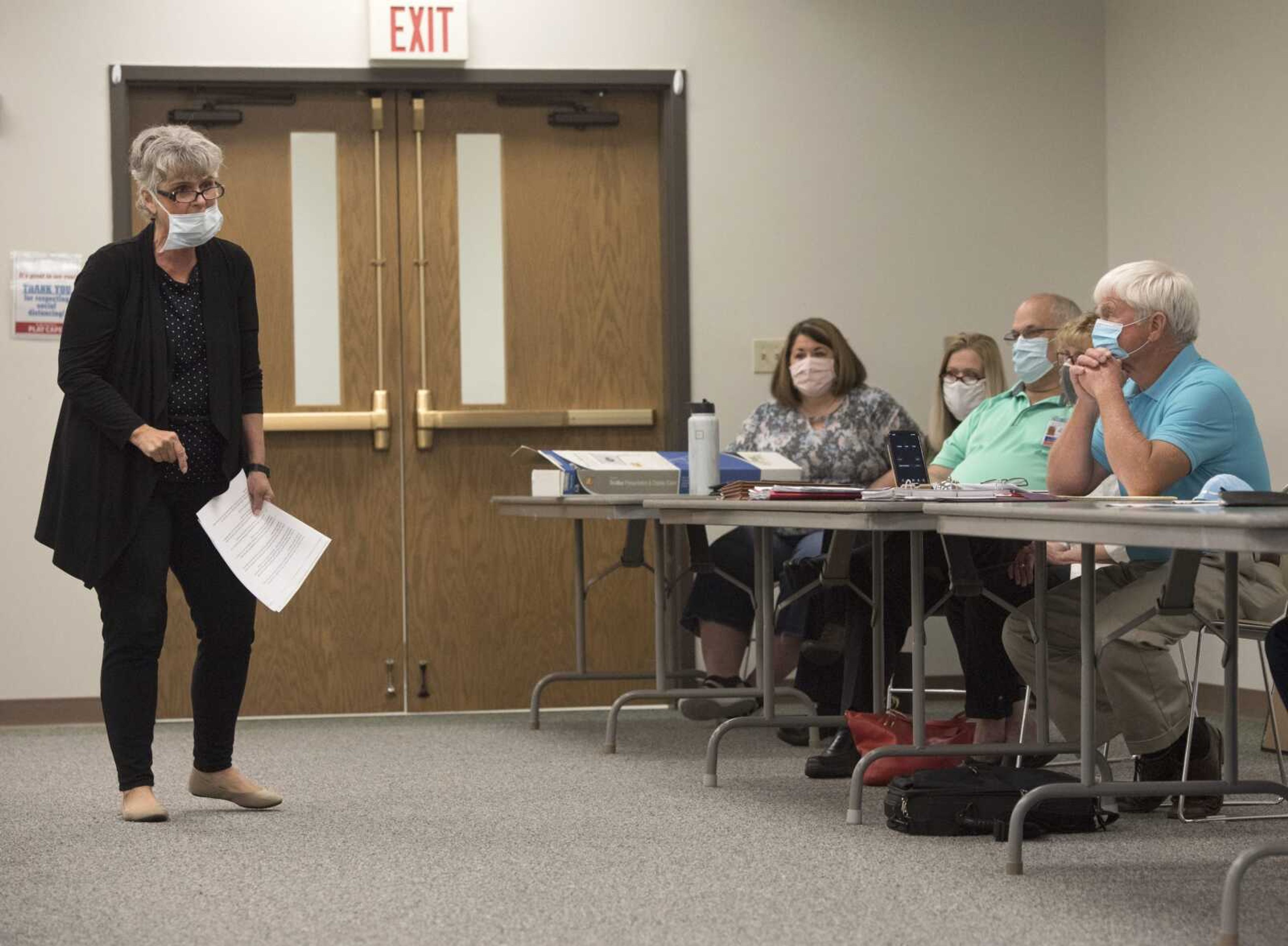 Rita LaVanchy criticizes the Cape Girardeau County Public Health Center's mask mandate during a Board of Trustees meeting Tuesday at the Osage Centre in Cape Girardeau.