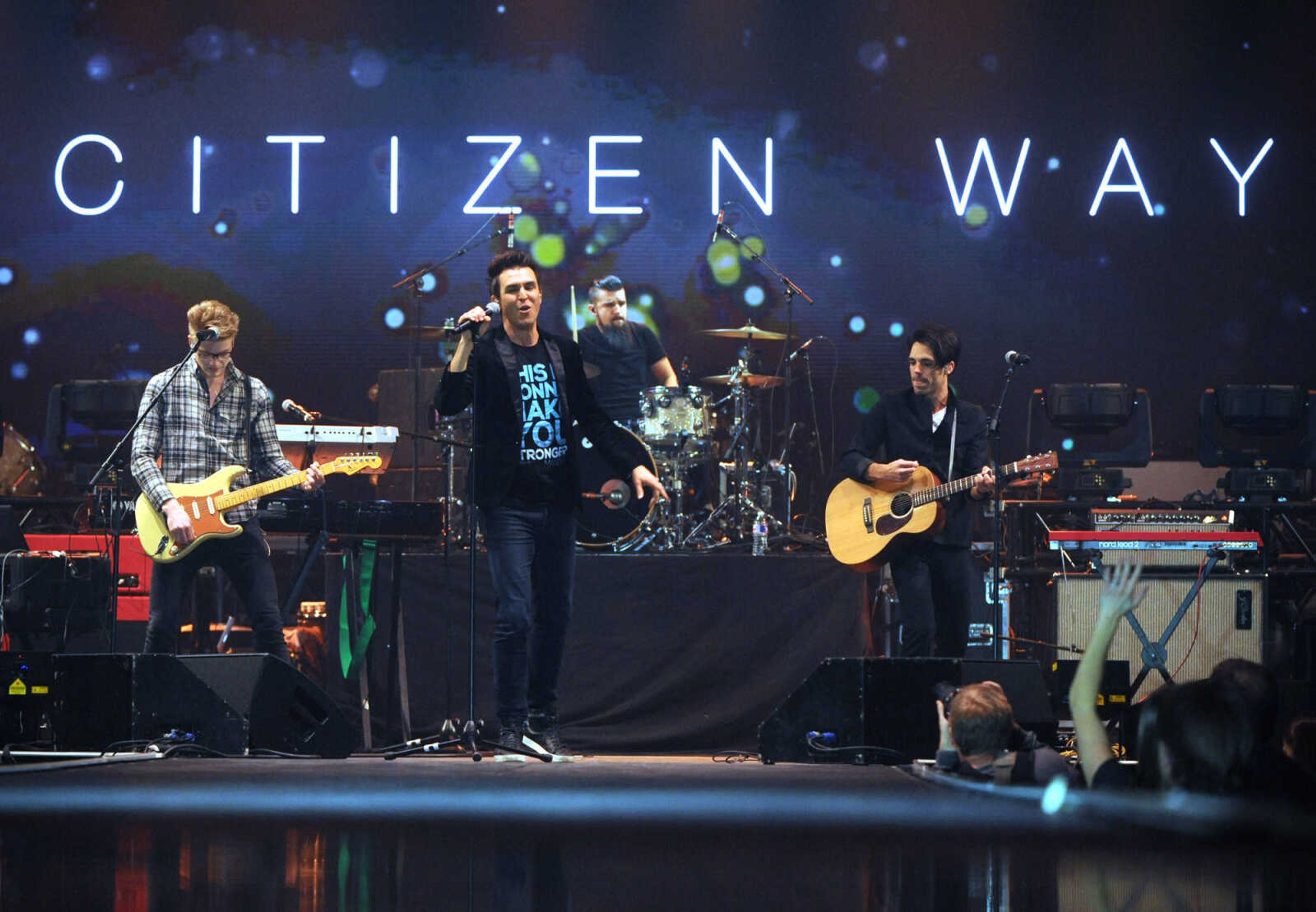 FRED LYNCH ~ flynch@semissourian.com
Citizen Way with lead vocalist Ben Calhoun performs a set during the Rock & Worship Roadshow on Saturday night, Feb. 13, 2016 at the Show Me Center.