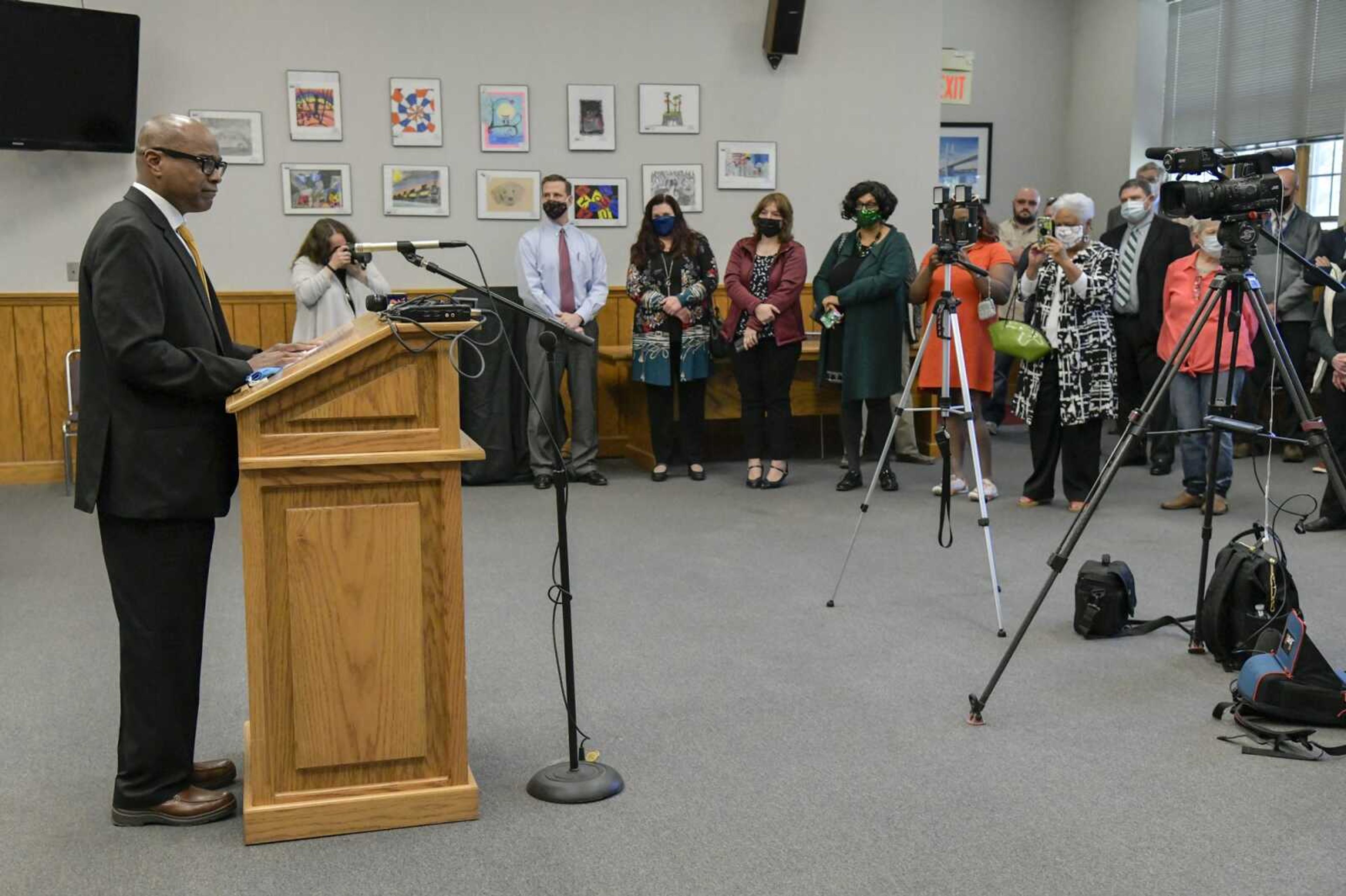 Kenneth Haskin, who will become city manager in June, speaks about how he looks forward to the position during Thursday's news conference in the chambers of the Cape Girardeau City Council in Cape Girardeau.