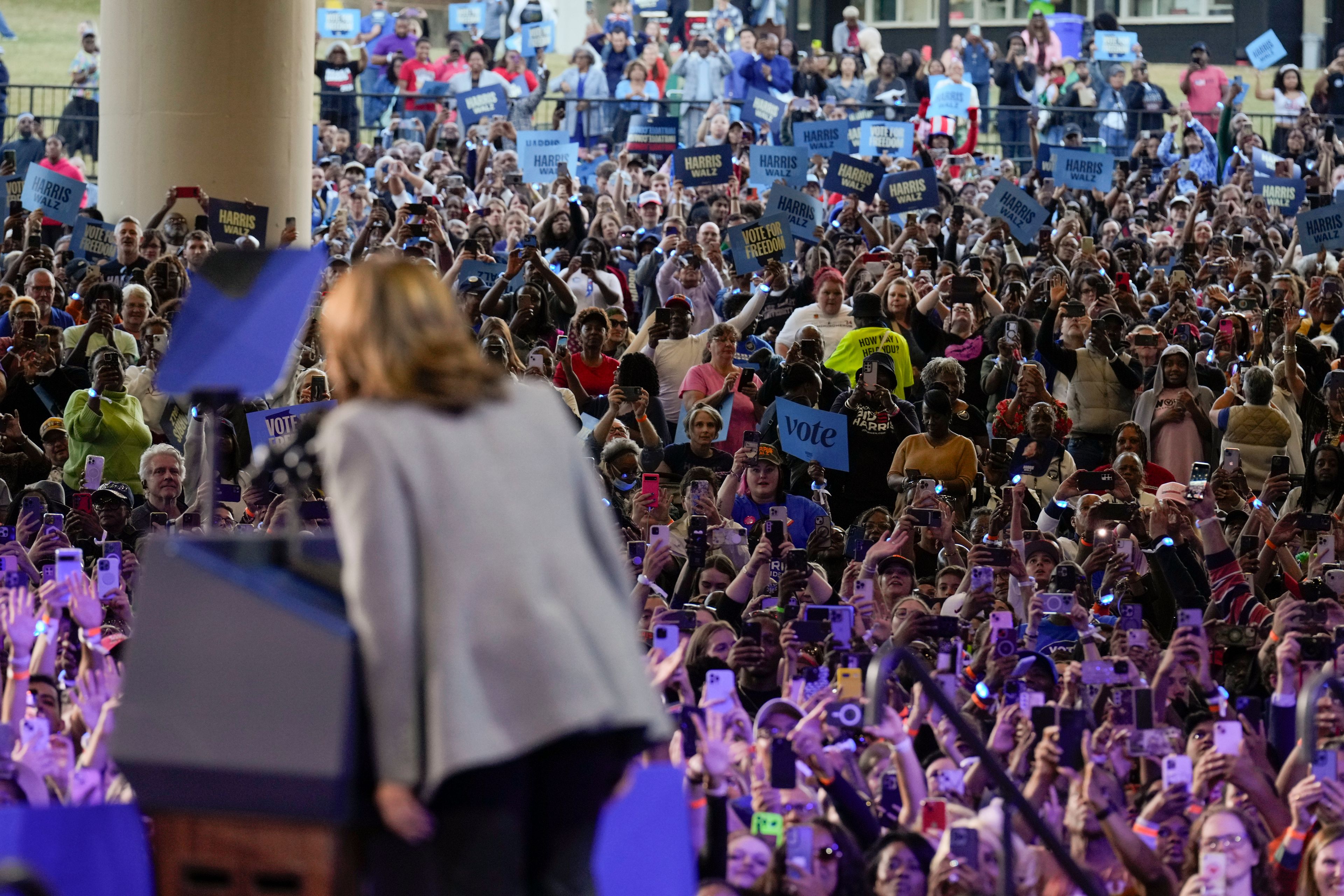 Democratic presidential nominee Vice President Kamala Harris speaks during a campaign event at Lakewood Amphitheatre, Saturday, Oct. 19, 2024, in Atlanta. (AP Photo/Jacquelyn Martin)