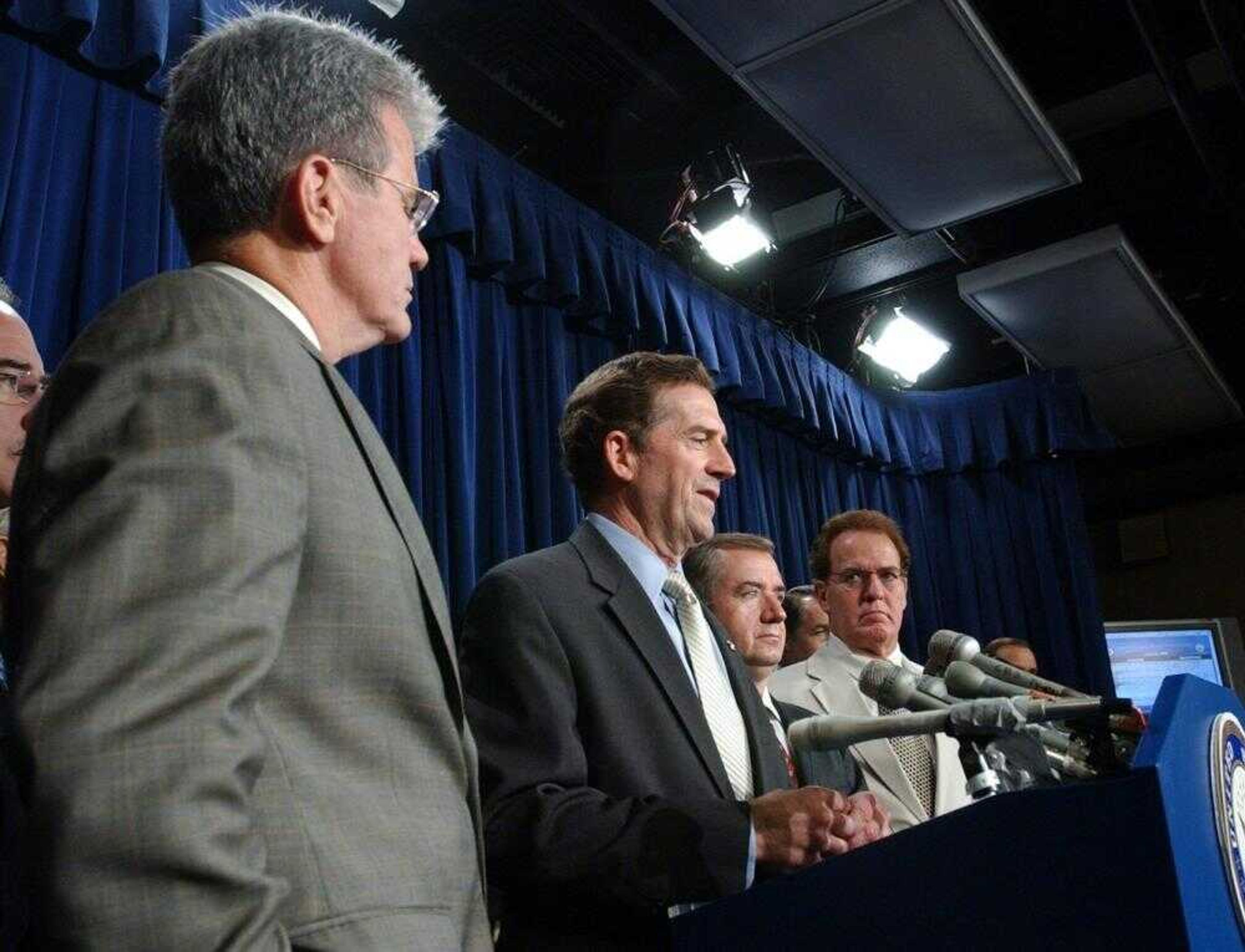 Senate and House Republicans took part in a news conference Tuesday on Capitol Hill in Washington, D.C., to discuss immigration reform legislation. From left were Sen. Tom Coburn, R-Okla., Sen. Jim DeMint, R-S.C., Rep, Ed Royce, R-Calif., and Rep. Phil Gingery, R-Ga.  <br>Dennis Cook<br>Associated Press