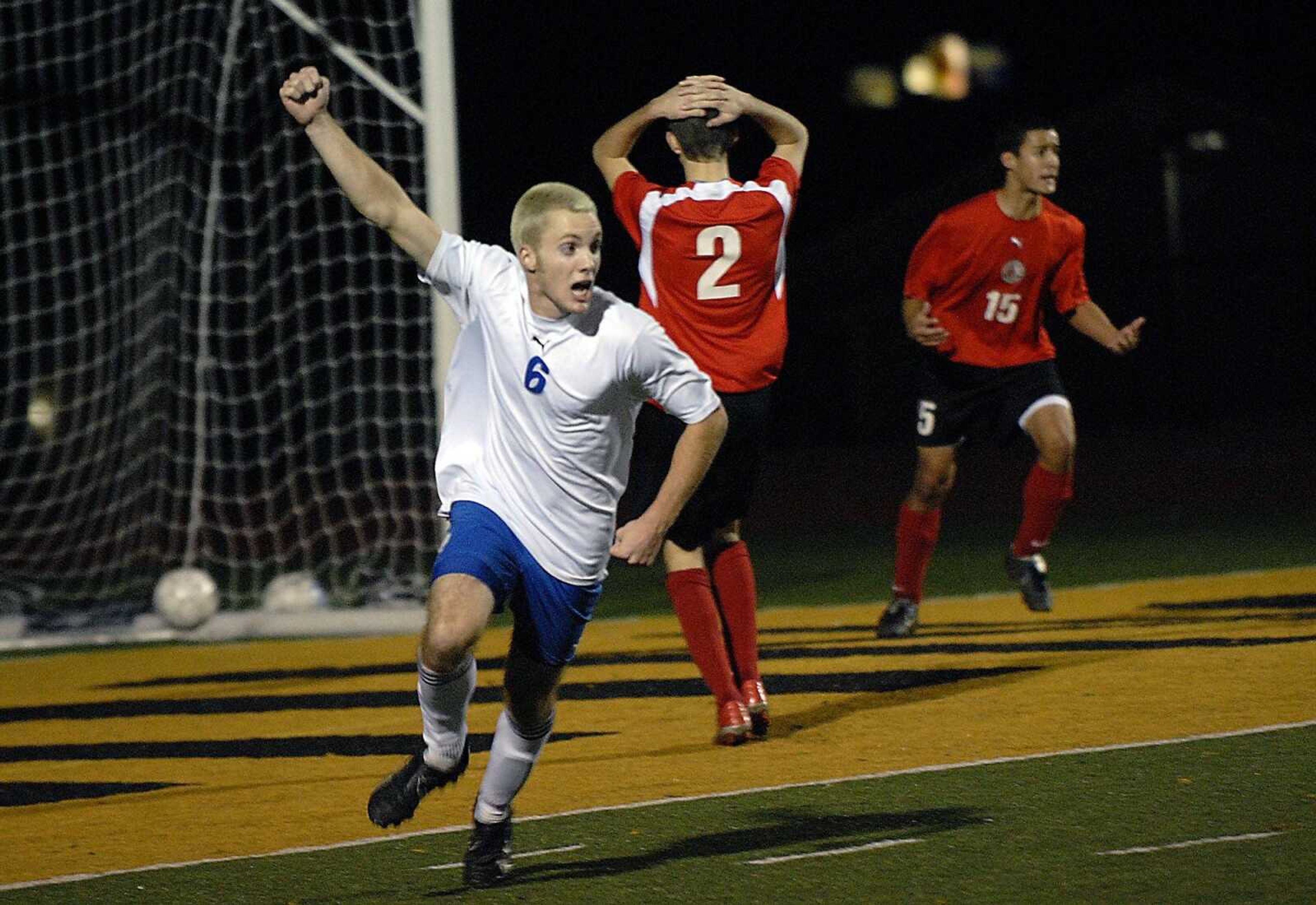 Notre Dame senior Jacob Pewitt celebrates his game-winning goal over Bishop Dubourg Thursday evening, November 12, 2009, in the closing minutes of the Class 2 quarterfinal in Farmington. (Kit Doyle)