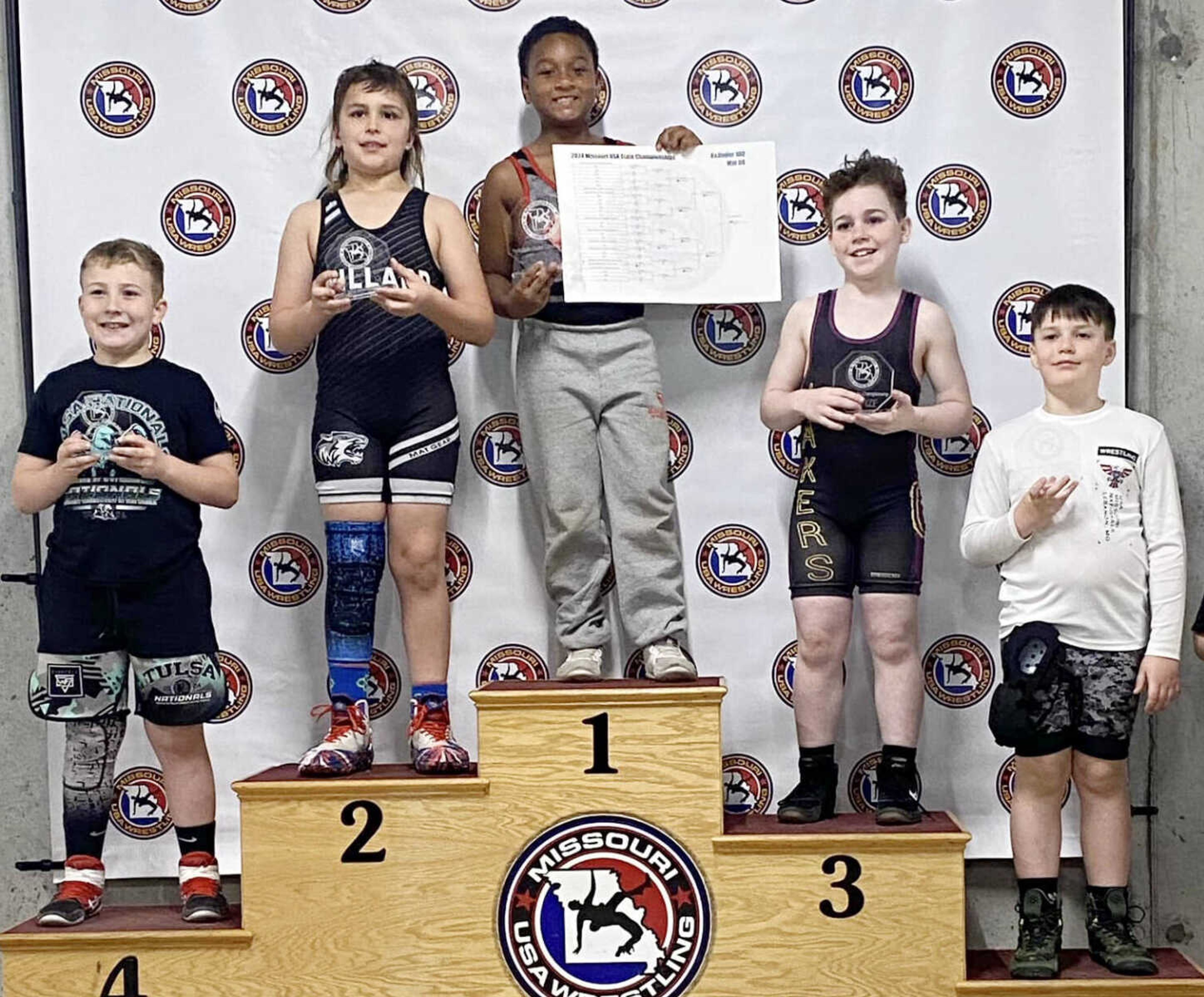 Sikeston Wrestling Club's Tripp Coleman stands for a photo after winning the 8-year-old-and-under, 100-pound weight class at Missouri USA Wrestling State Folkstyle Championships.