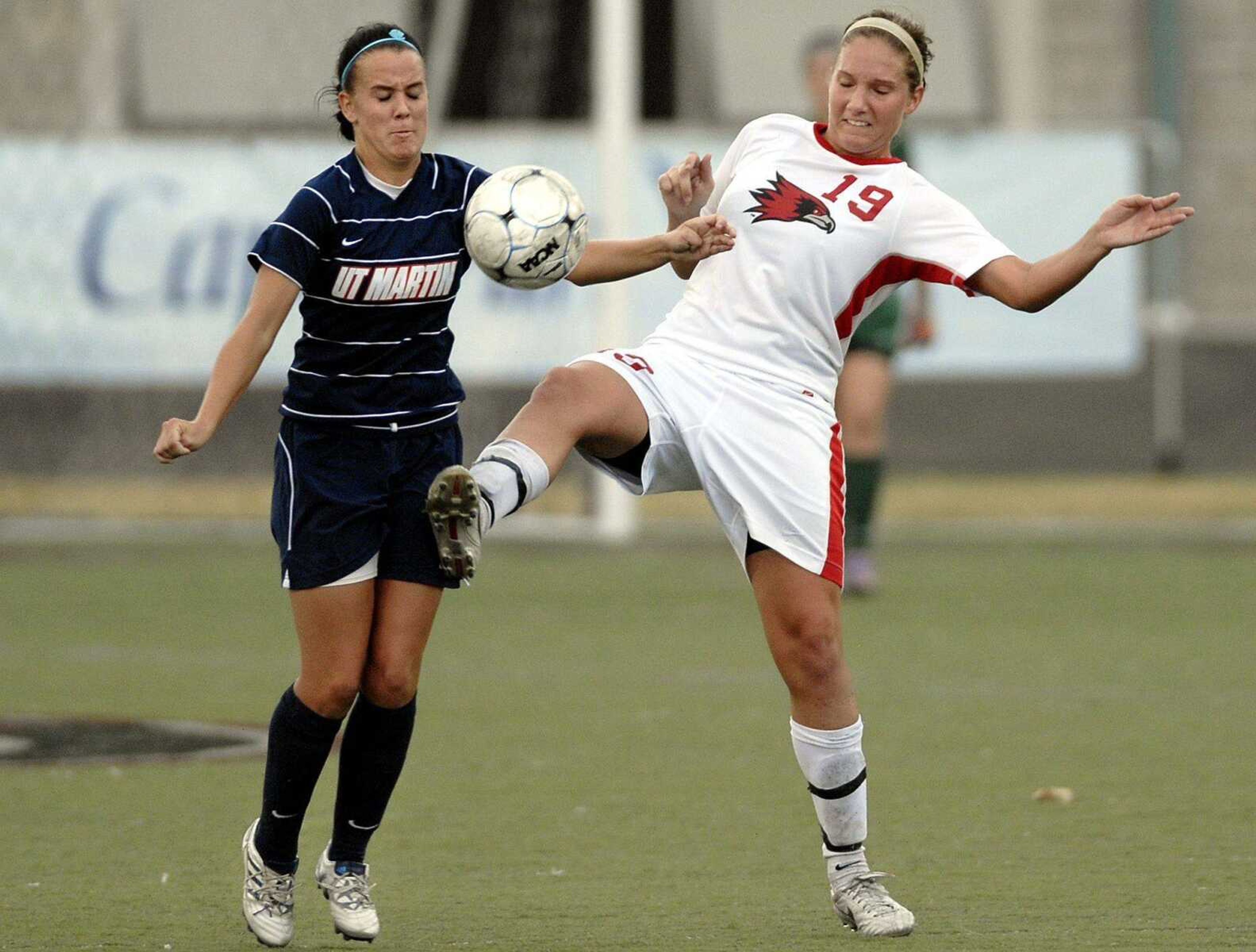 Southeast Missouri State senior Ashley Runion tries to get a foot on the ball in front of Tennessee-Martin's Brooke Robertson during the second half Sunday at Houck Stadium. (Laura Simon)