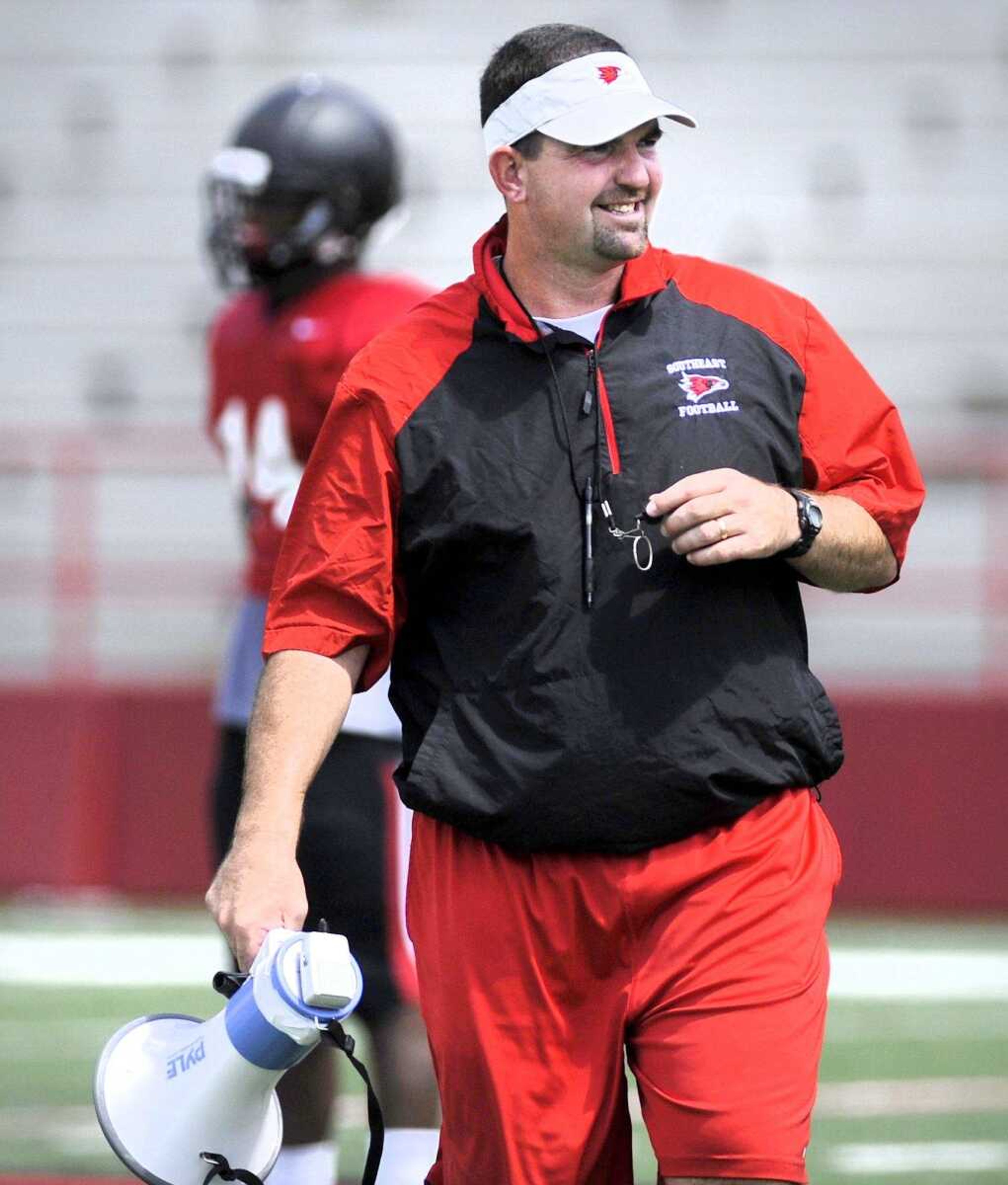 Southeast Missouri State head coach Tom Matukewicz leads his team during practice earlier this month at Houck Stadium. (Laura Simon)