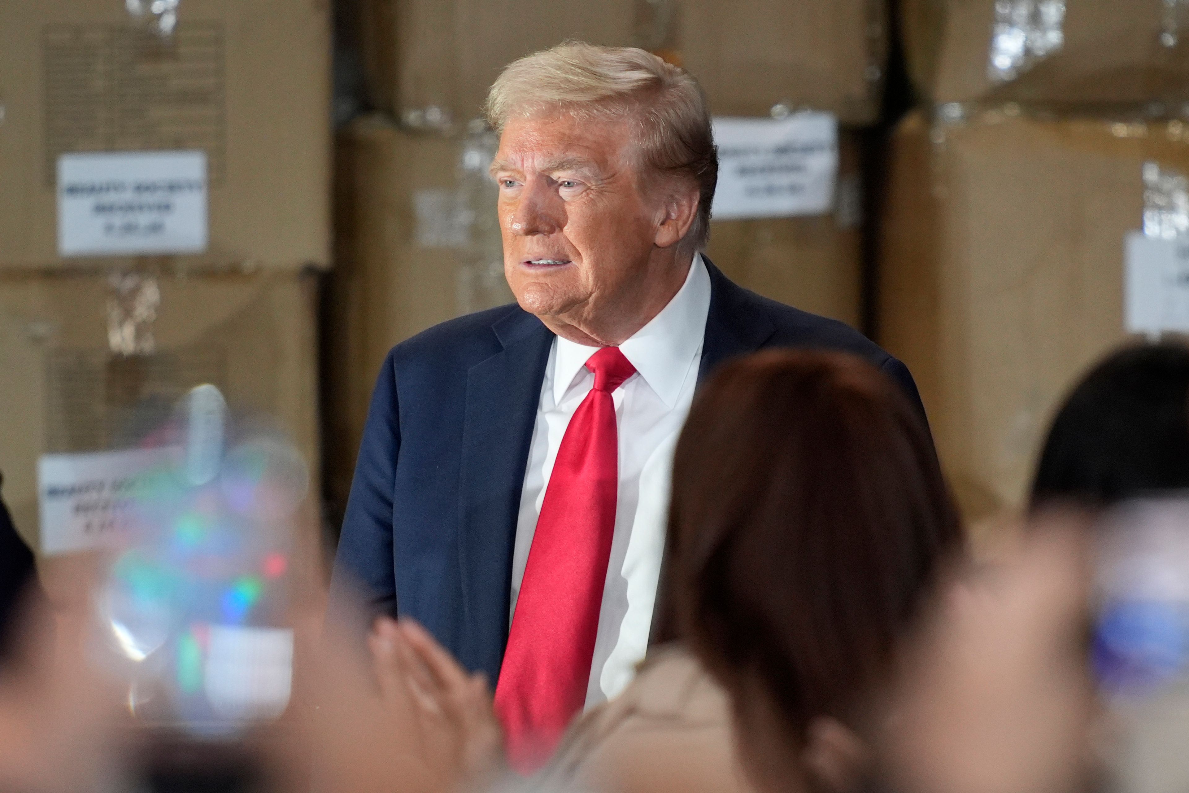 Republican presidential nominee former President Donald Trump arrives to speak at a campaign event at Beauty Society, Saturday, Oct. 12, 2024, in North Las Vegas, Nev. (AP Photo/John Locher)