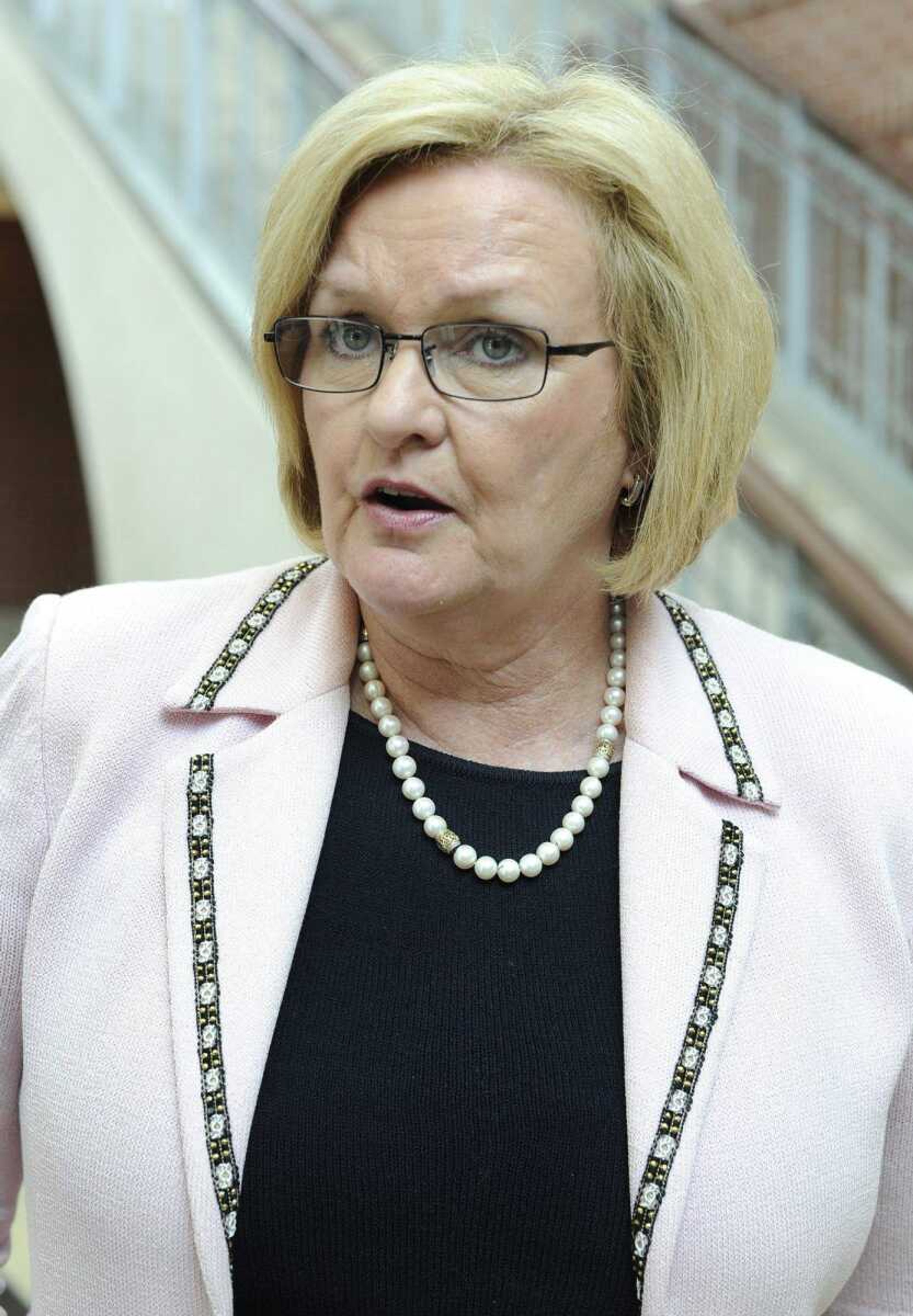 U.S. Senator Claire McCaskill speaks to the news media Wednesday, Aug. 25, 2010 at the Rush H. Limbaugh Sr. U.S. Courthouse in Cape Girardeau. (Fred Lynch)