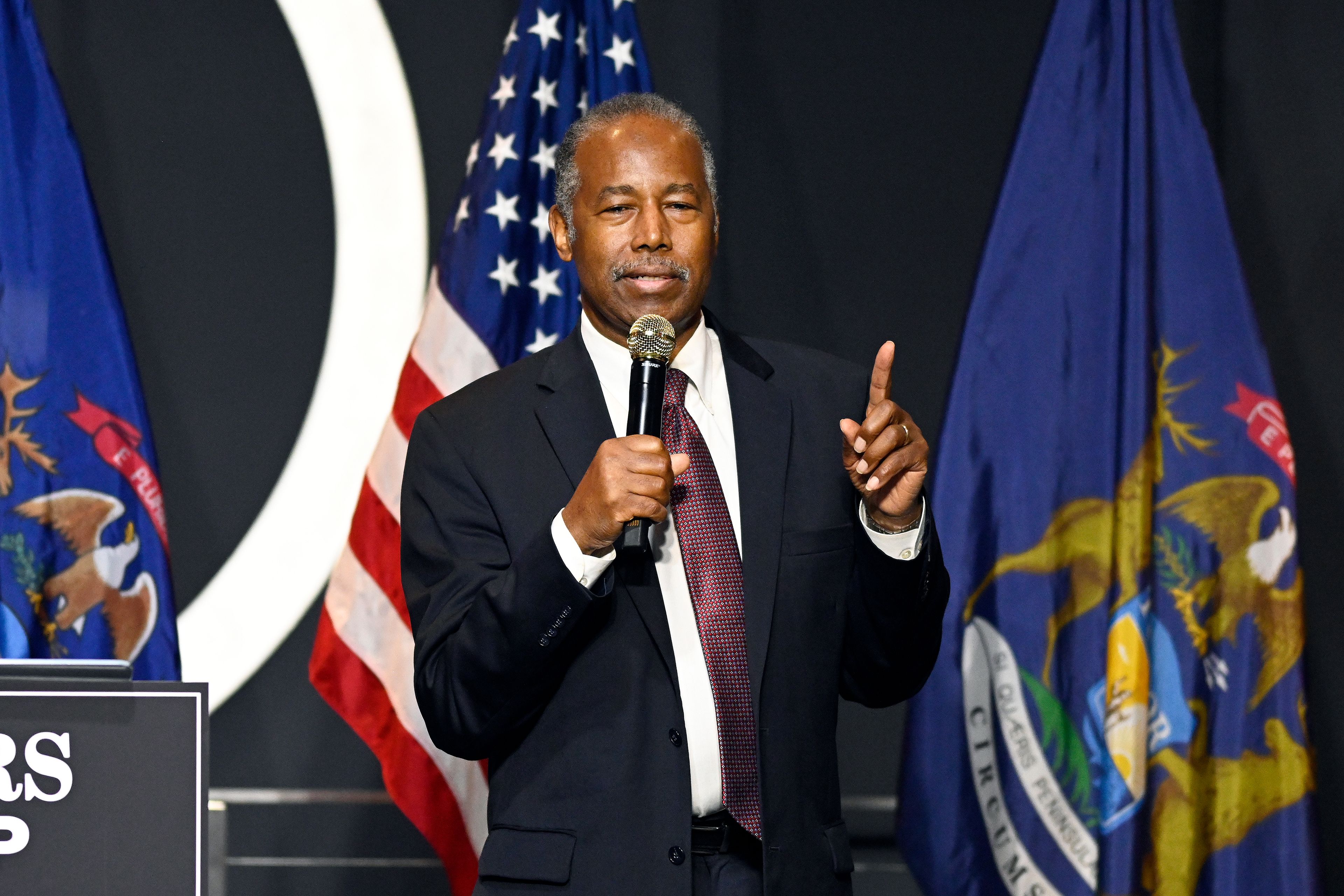 Ben Carson addresses supporters of Republican presidential nominee former President Donald Trump, Saturday, Oct. 5, 2024, in Livonia, Mich. (AP Photo/Jose Juarez)