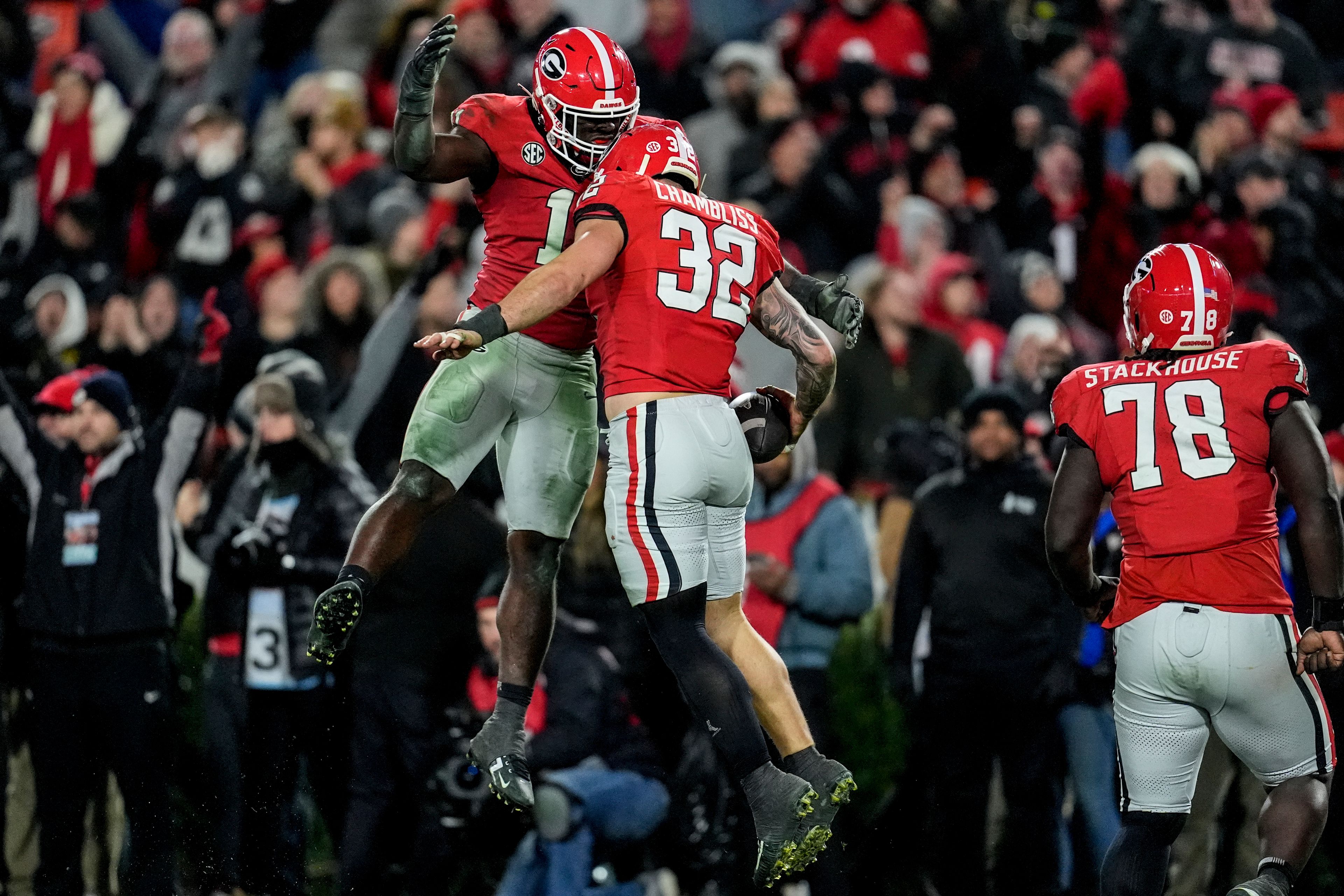 Georgia linebacker Chaz Chambliss (32) celebrates his fumble recovery in overtime of an NCAA college football game against Georgia Tech, Saturday, Nov. 30, 2024, in Athens, Ga. (AP Photo/Mike Stewart)