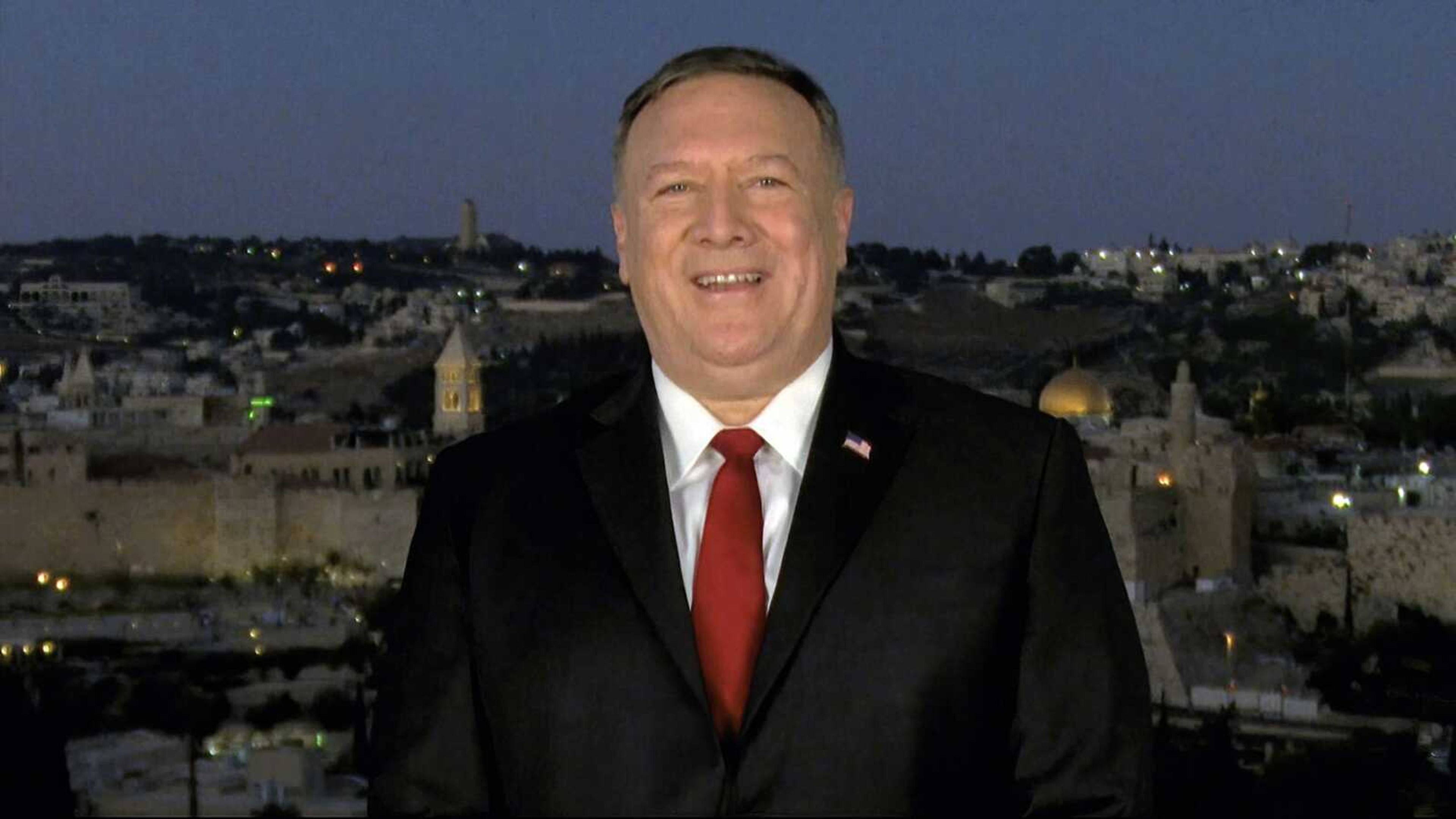 In this image from video, Secretary of State Mike Pompeo speaks from Jerusalem during the second night of the Republican National Convention on Tuesday.