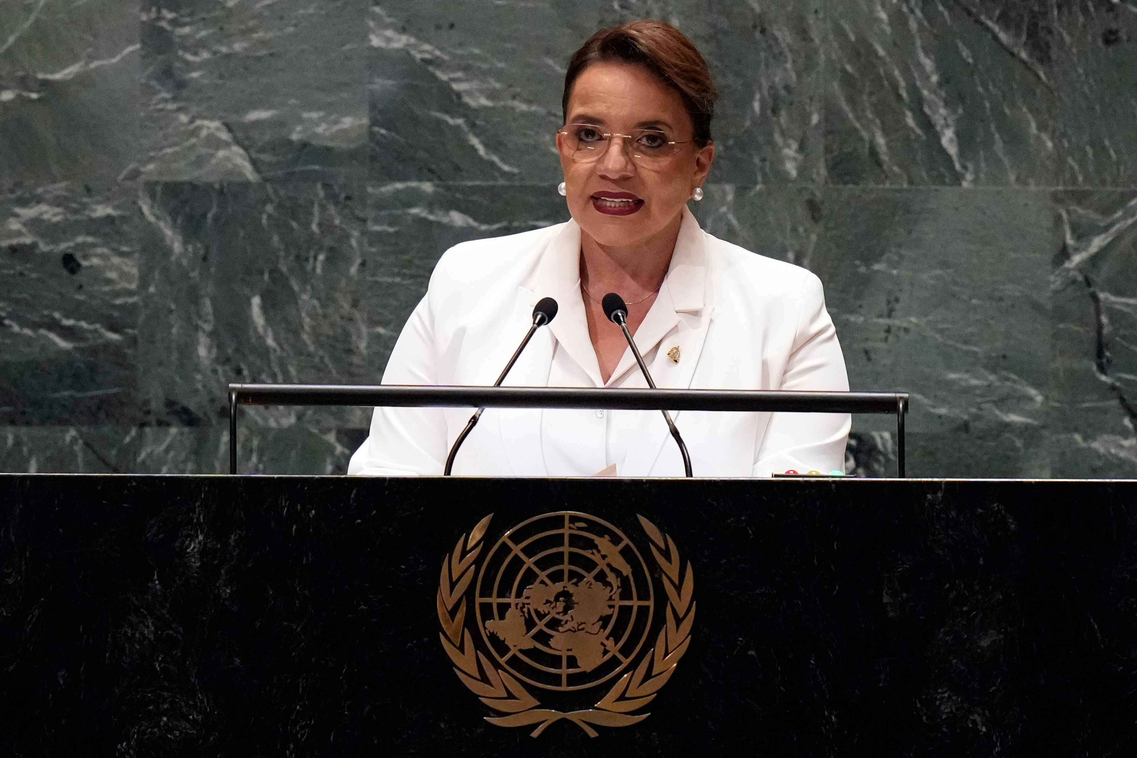 Honduras President Iris Xiomara Castro Sarmiento addresses the 79th session of the United Nations General Assembly, Wednesday, Sept. 25, 2024. (AP Photo/Richard Drew)