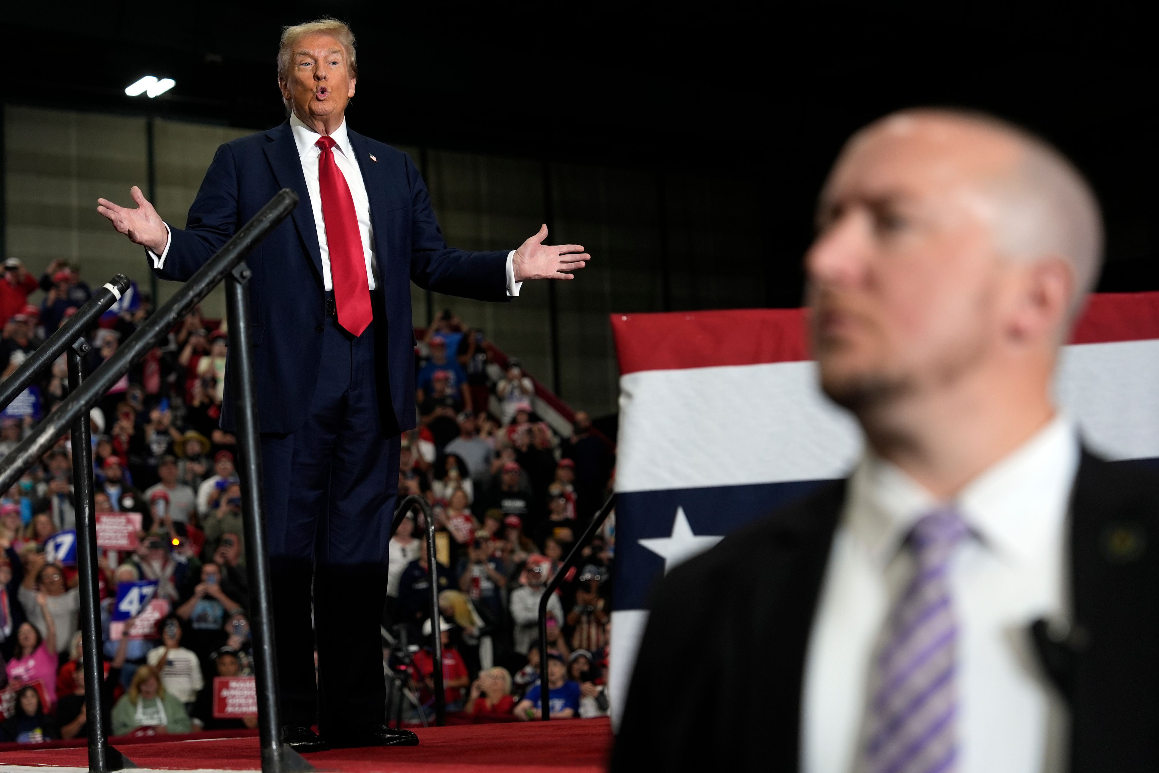 Republican presidential nominee former President Donald Trump arrives at a campaign rally at Riverfront Sports, Wednesday, Oct. 9, 2024, in Scranton, Pa. (AP Photo/Julia Demaree Nikhinson)