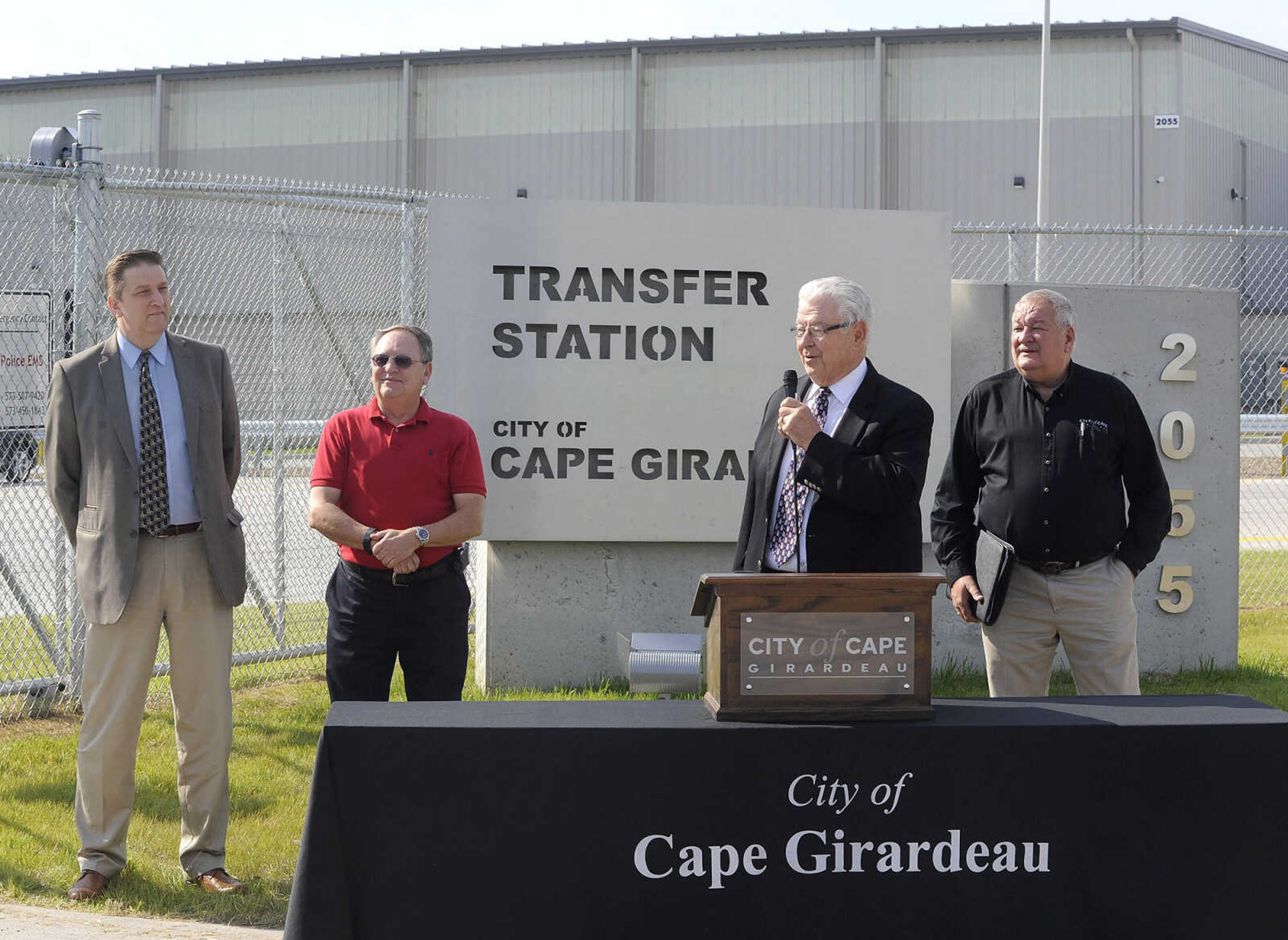 FRED LYNCH ~ flynch@semissourian.com
Mayor Harry Rediger speaks at the dedication of the new solid-waste transfer station with city manager Scott Meyer, left, mayor pro-tem Victor Gunn and Steve Cook, public works director, Monday, May 23, 2016 in Cape Girardeau.