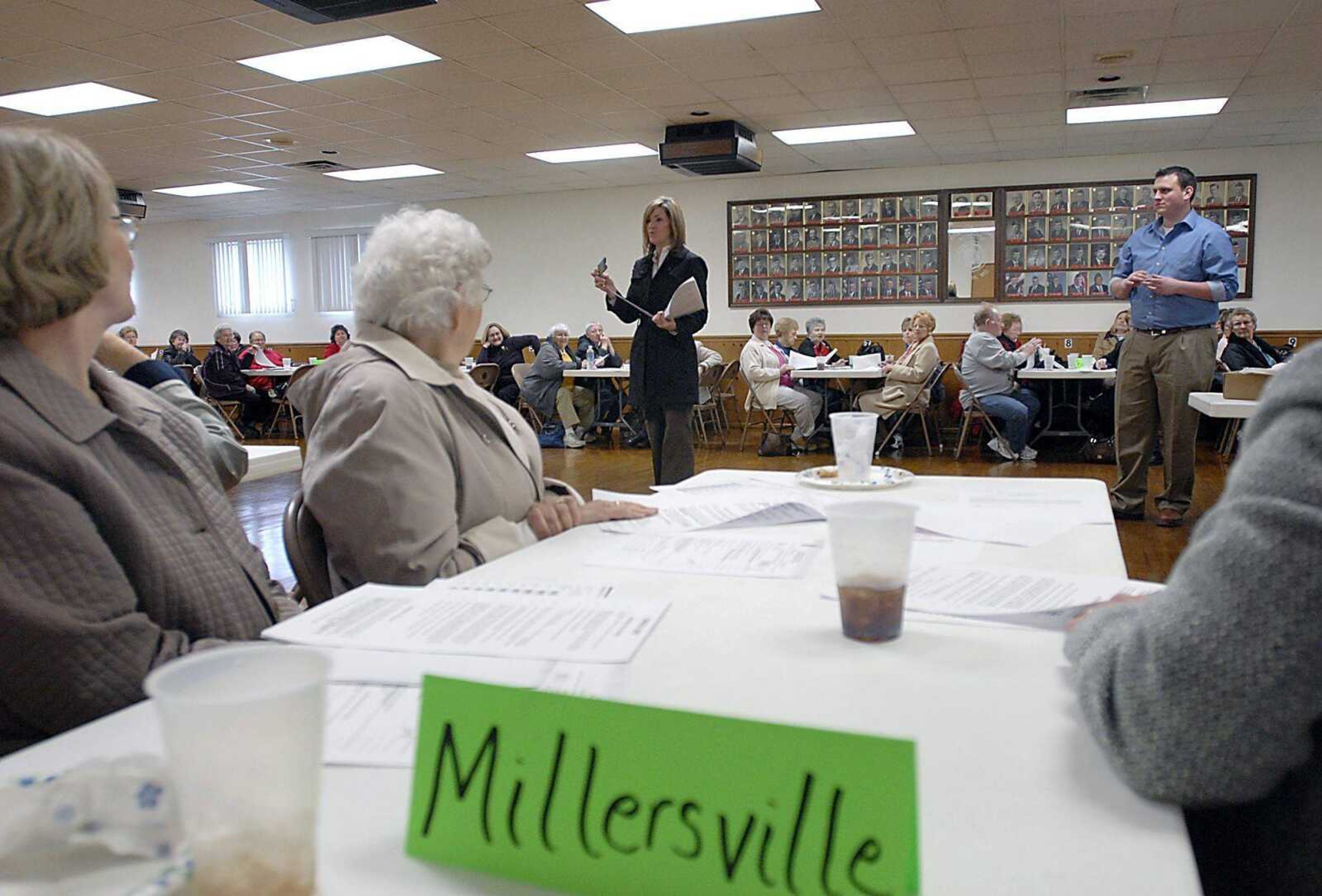 Cape Girardeau County Clerk Kara Clark, center, trained poll workers for upcoming election duties Tuesday at the American Legion Hall in Jackson. Precincts sat together, including Cathy Hale, left, Dean Craft and Barbara Denton of the Millersville Precinct. (Kit Doyle)