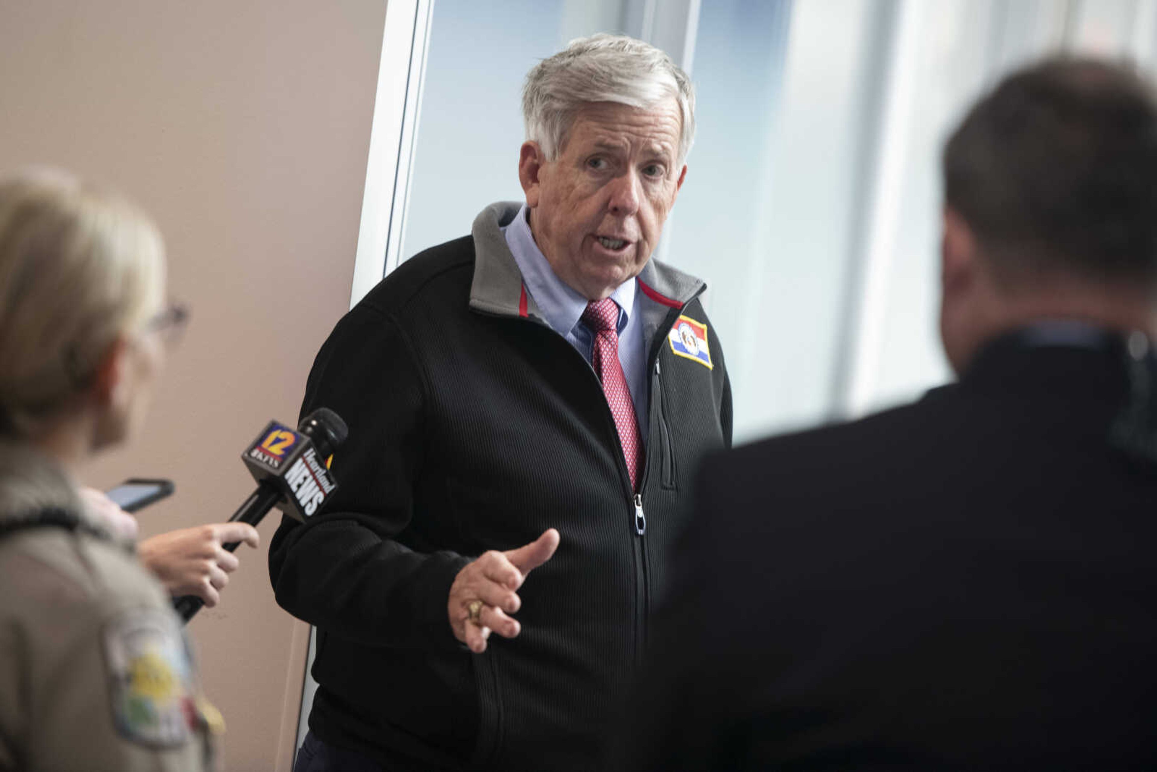 Missouri Gov. Mike Parson talks while making a visit Thursday, May 14, 2020, to the Cape Girardeau Police Department in Cape Girardeau.