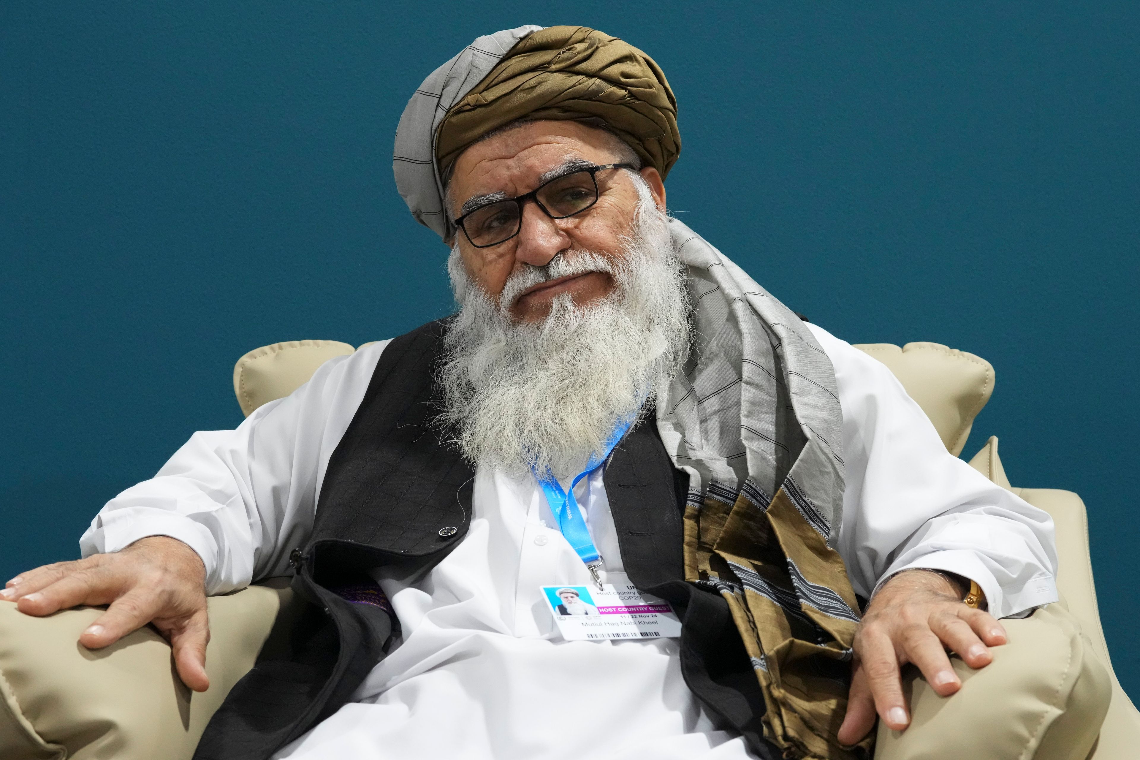 Matiul Haq Khalis, head of the National Environmental Protection Agency from Afghanistan, speaks to members of the media at the COP29 U.N. Climate Summit, Monday, Nov. 11, 2024, in Baku, Azerbaijan. (AP Photo/Peter Dejong)