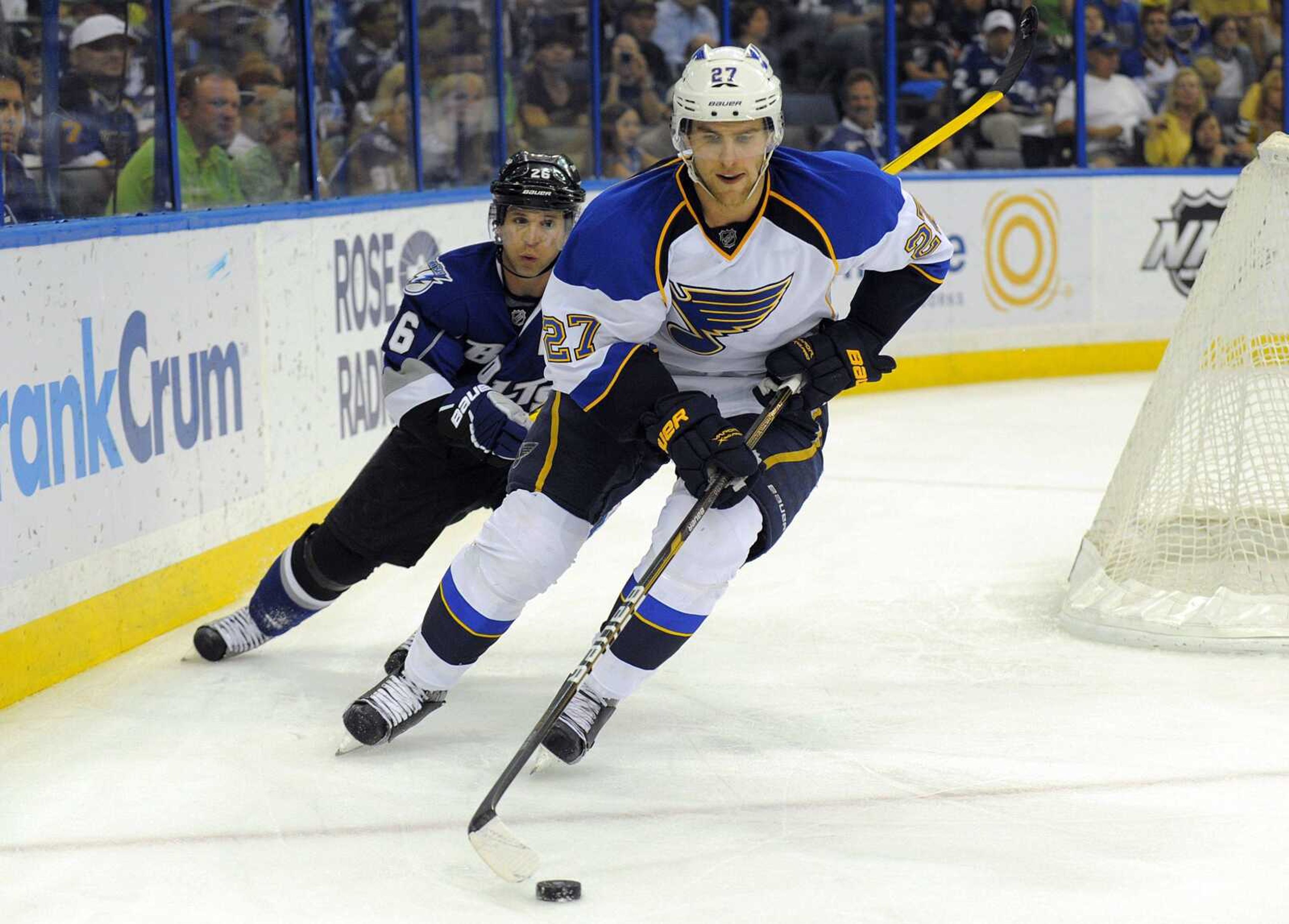 Blues defenseman Alex Pietrangelo controls the puck ahead of Lightning right wing Martin St. Louis during the second period Saturday in Tampa, Fla. (BRIAN BLANCO ~ Associated Press)