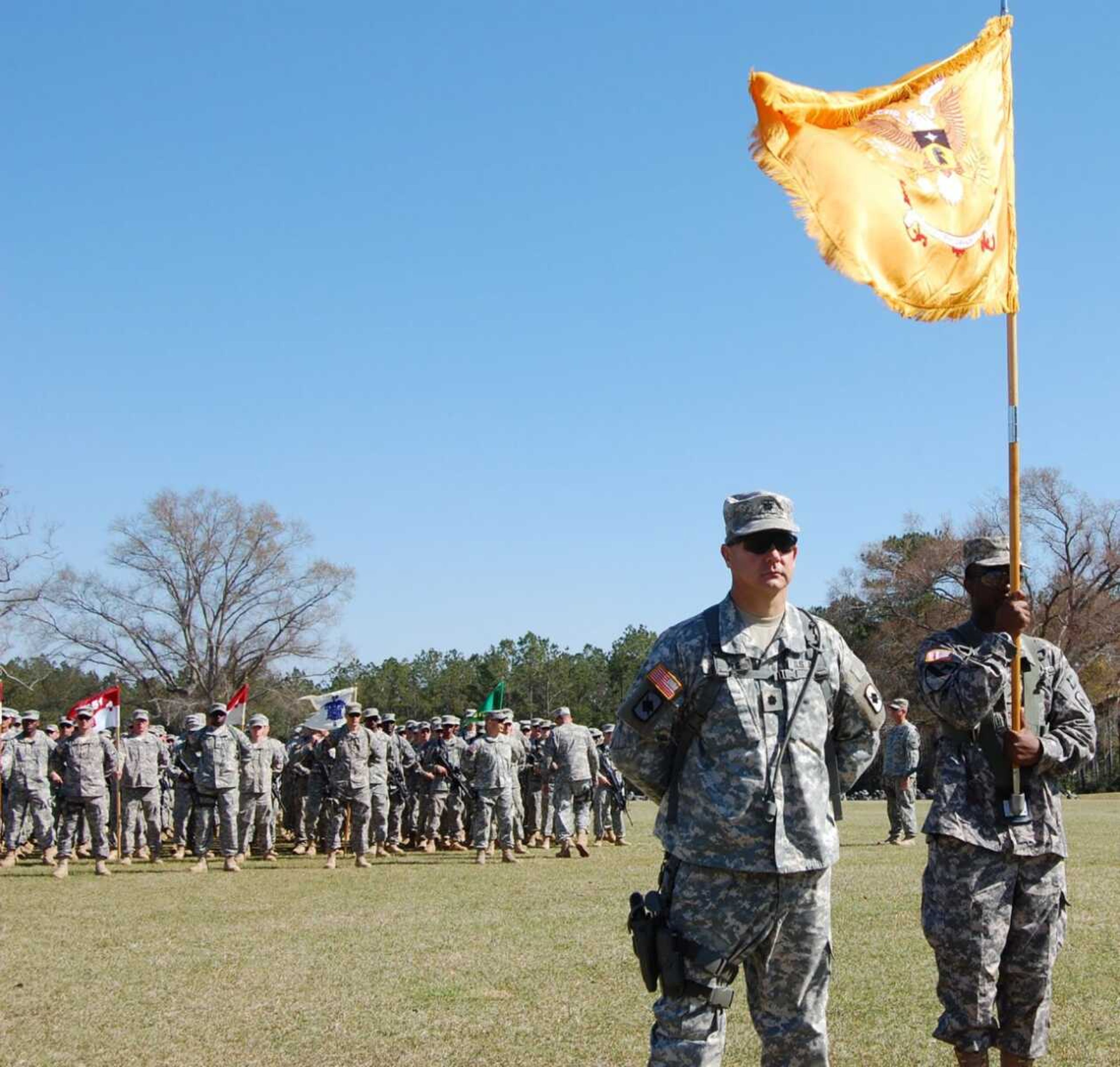 Members of 1st Squadron, 151st Cavalry Regiment of the 39th Infantry Brigade Combat Team participate in a farewell ceremony before deploying to Iraq in 2008.