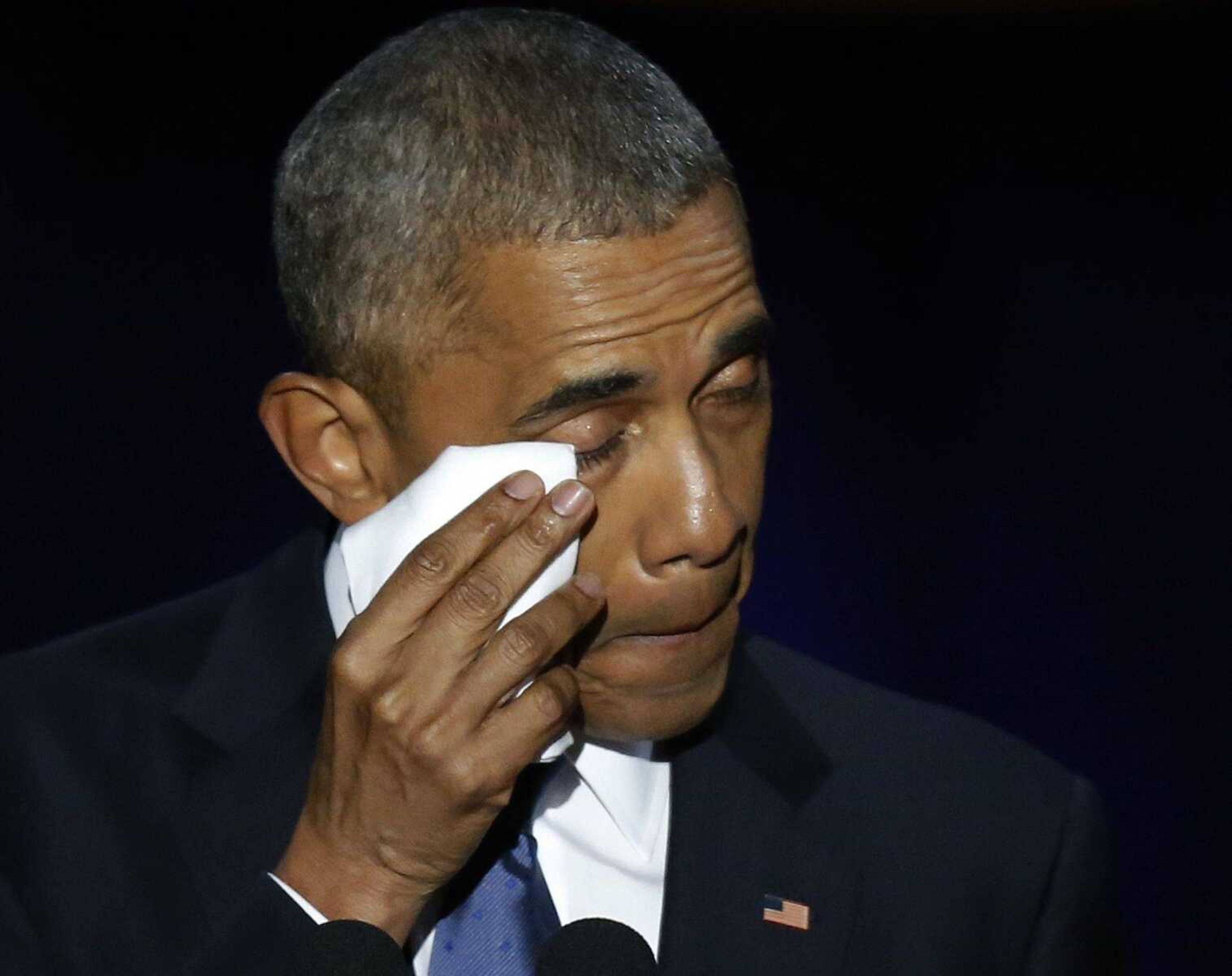 President Barack Obama wipes his tears as he speaks Tuesday at McCormick Place in Chicago, giving his presidential farewell address.