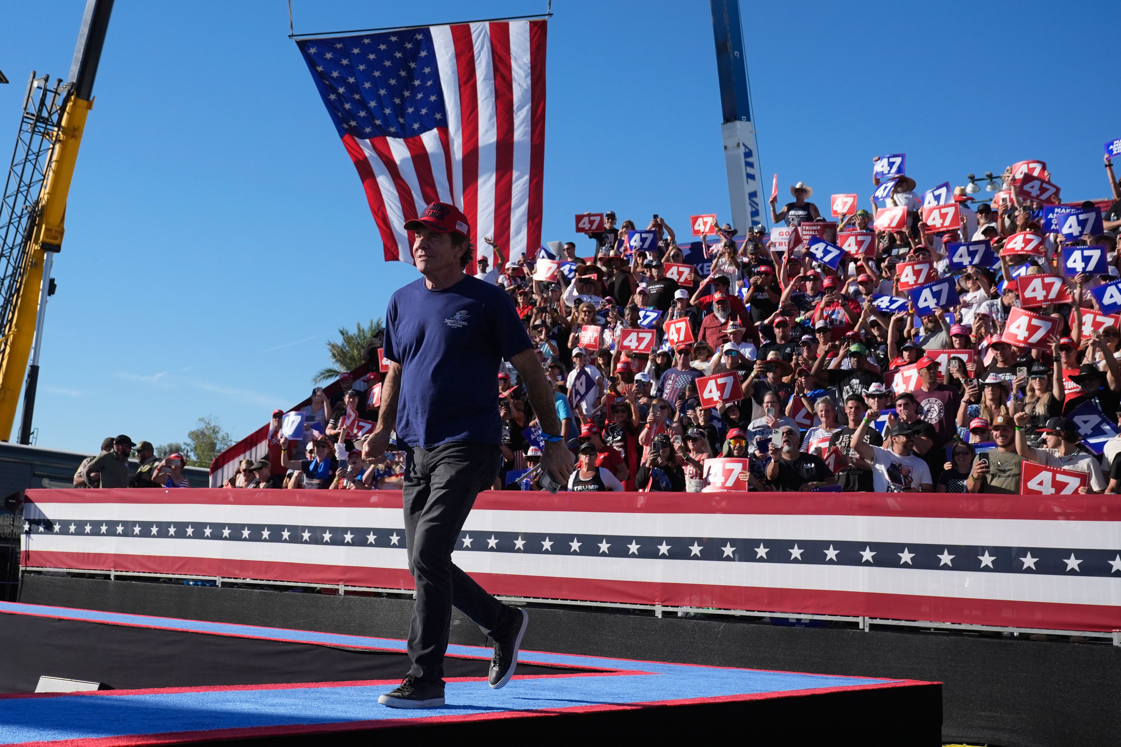 Dennis Quaid arrives to speak at a campaign rally for Republican presidential nominee former President Donald Trump at the Calhoun Ranch, Saturday, Oct. 12, 2024, in Coachella, Calif. (AP Photo/Alex Brandon)