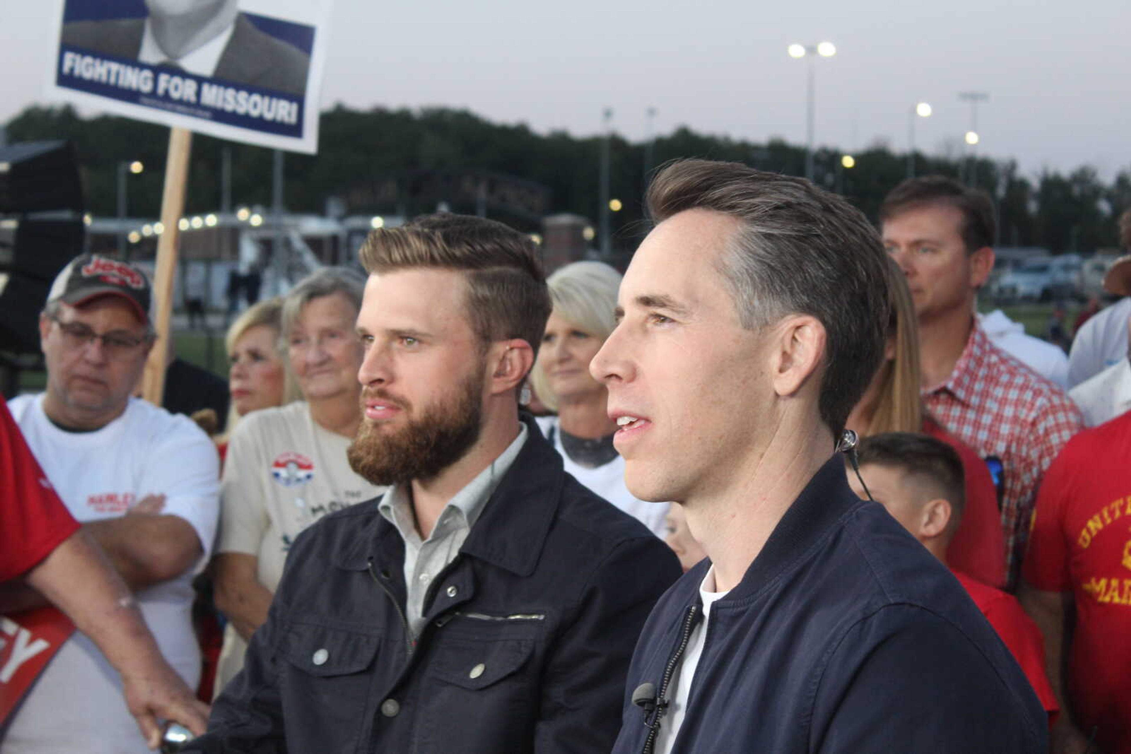 Sen. Josh Hawley, R-Mo., right, with Kansas City Chiefs kicker Harrison Butker on Thursday, Oct. 10, in Poplar Bluff.