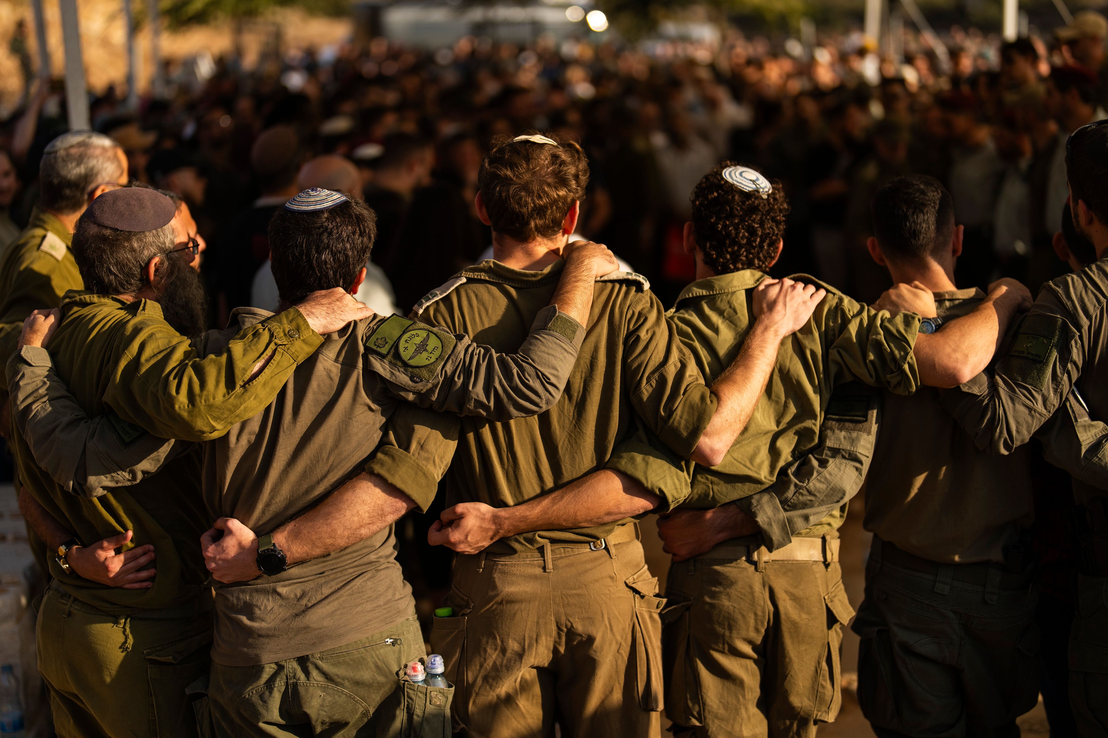 Israeli soldiers mourn during the funeral of reservist Yedidia Bloch, 31, at Mevo Horon settlement, West Bank, Wednesday, Oct. 30, 2024. Bloch died on Tuesday 29 after he was injured in Lebanon. (AP Photo/Francisco Seco)