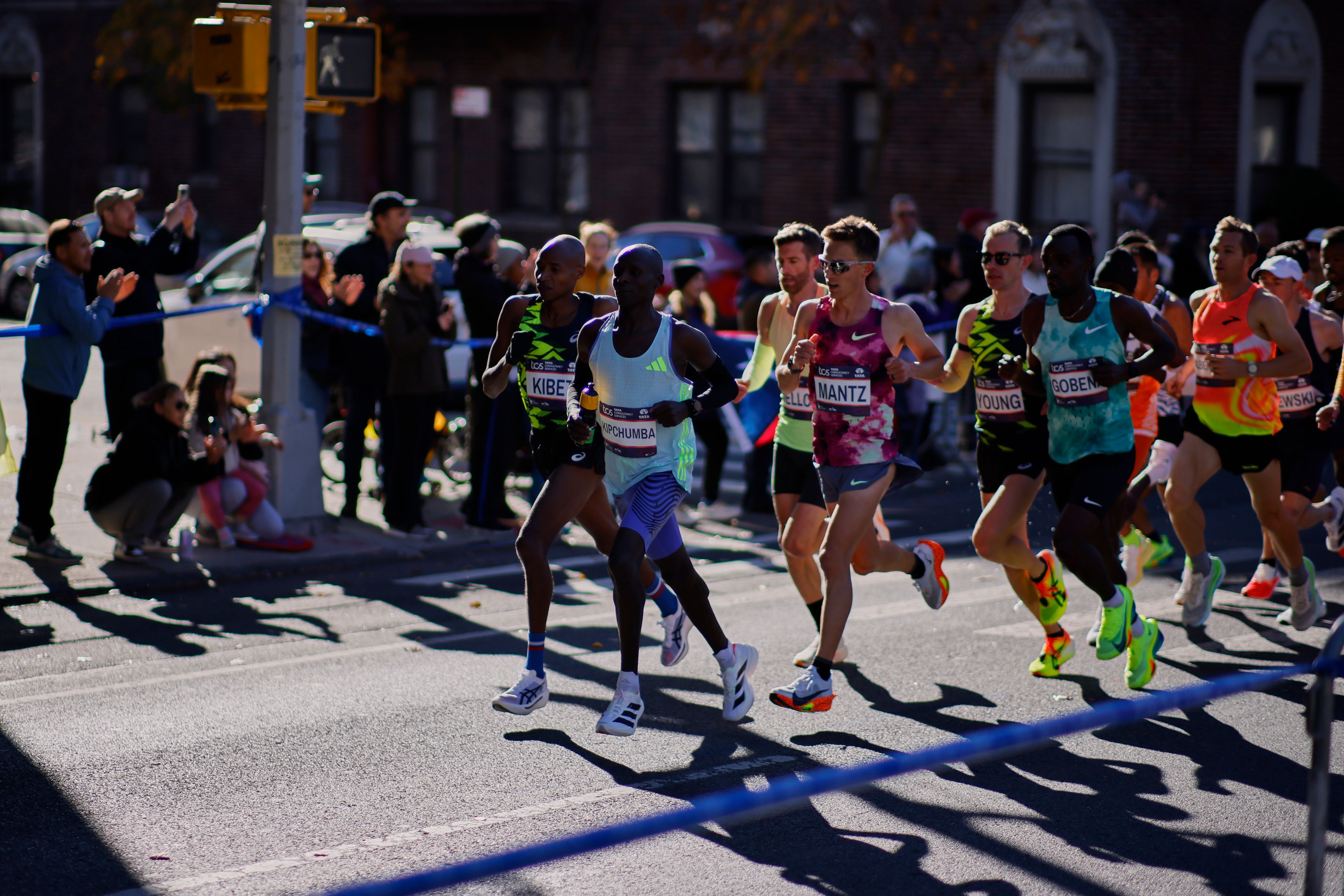 Runners in the men's elite division make their way through the Brooklyn borough during the New York City Marathon, Sunday, Nov. 3, 2024, in New York. (AP Photo/Eduardo Munoz Alvarez)