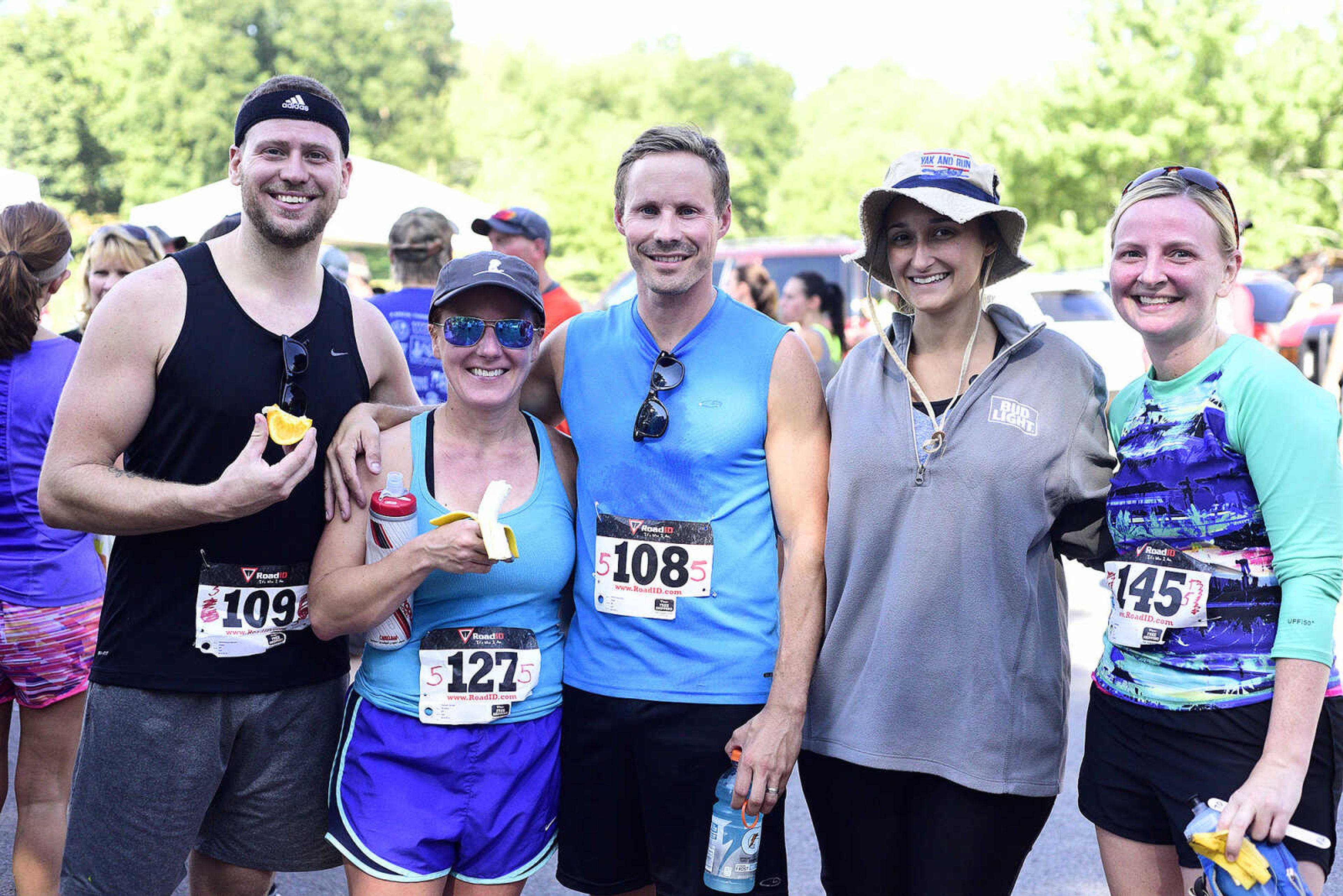 From left to right, Matt Meyer, Tanya Essner, Nick Hussman, Kierra Meyer and Christina Baer pose for a photo during the first ever St. Jude Heroes Yak 'n Run on Saturday, Aug. 26, 2017, at Trail of Tears State Park. All proceeds from the event support St. Jude Children's Research Hospital