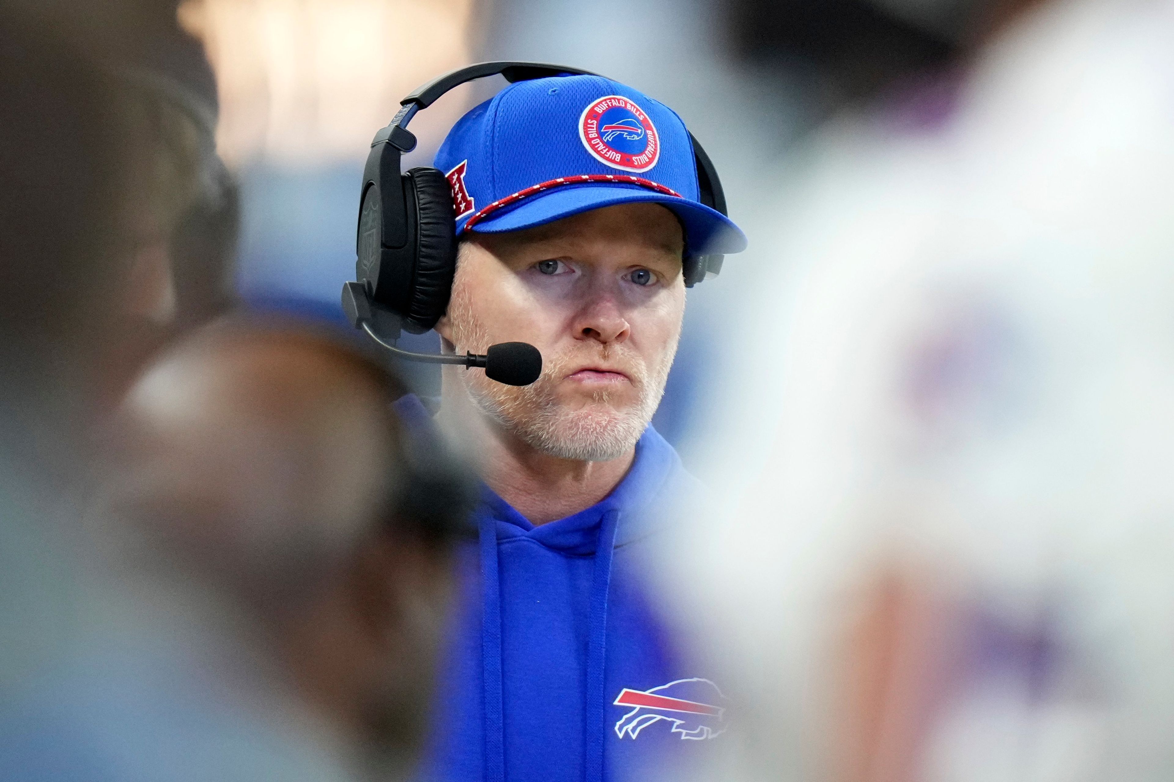 Buffalo Bills head coach Sean McDermott walks the sideline during the first half of an NFL football game against the Indianapolis Colts, Sunday, Nov. 10, 2024, in Indianapolis. (AP Photo/AJ Mast)