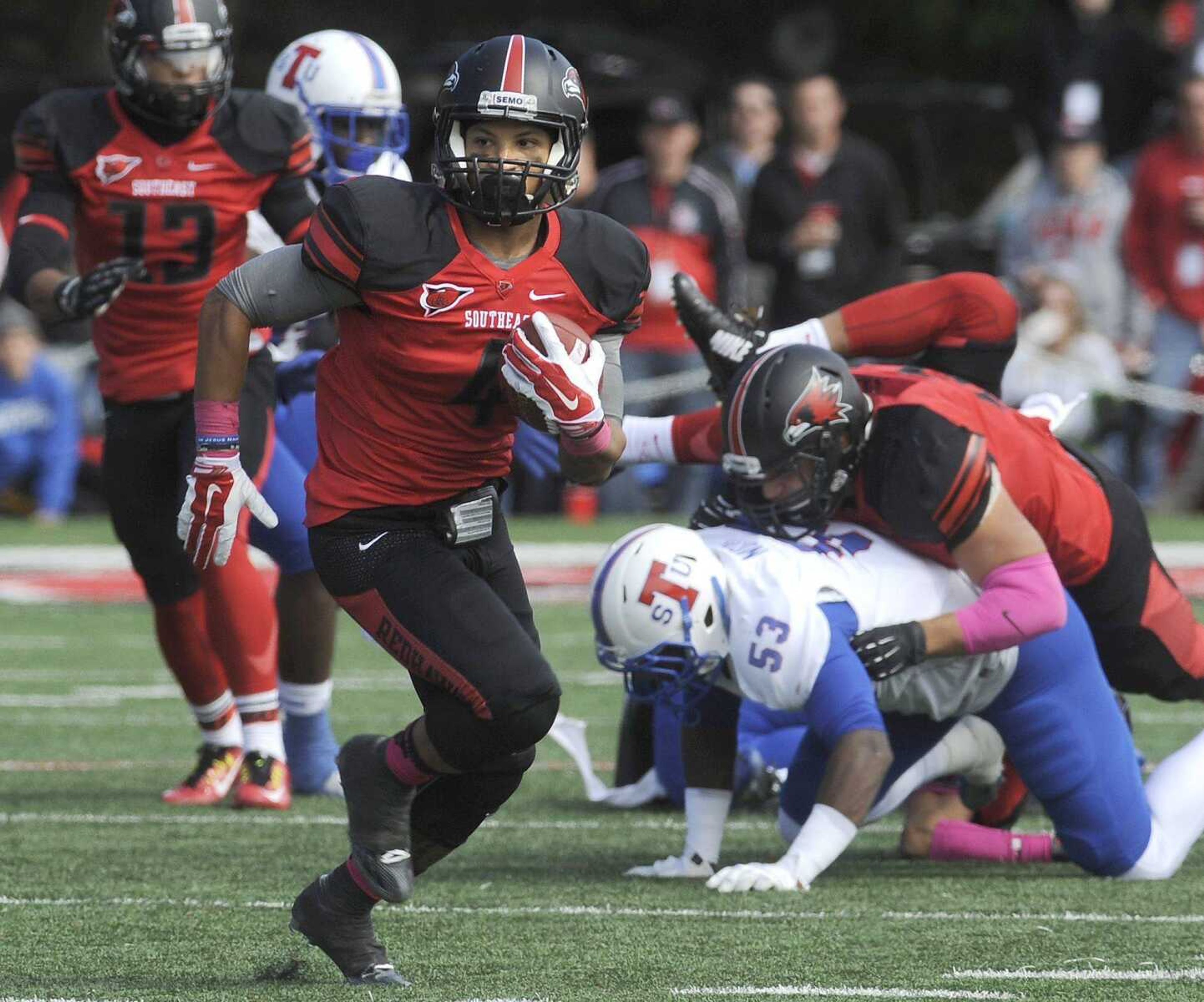 Southeast Missouri State's Spencer Davis returns the kickoff by Tennessee State during the second quarter Saturday, Oct. 4, 2014 at Houck Stadium. (Fred Lynch)