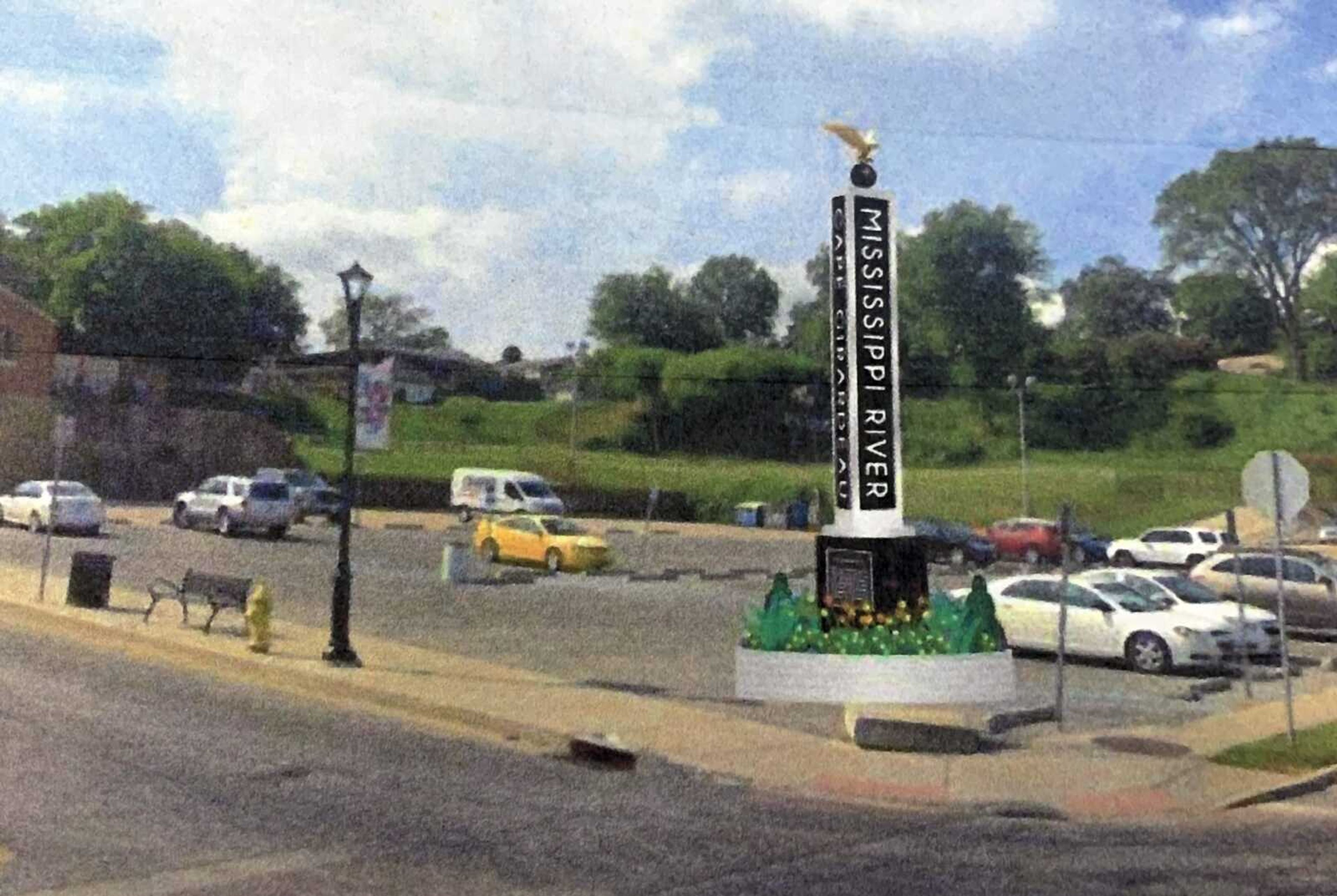 This artist rendering, which was given out during the Cape Girardeau City Council meeting Monday night, shows the obelisk proposed to be constructed at the corner of Broadway and Main Street downtown.