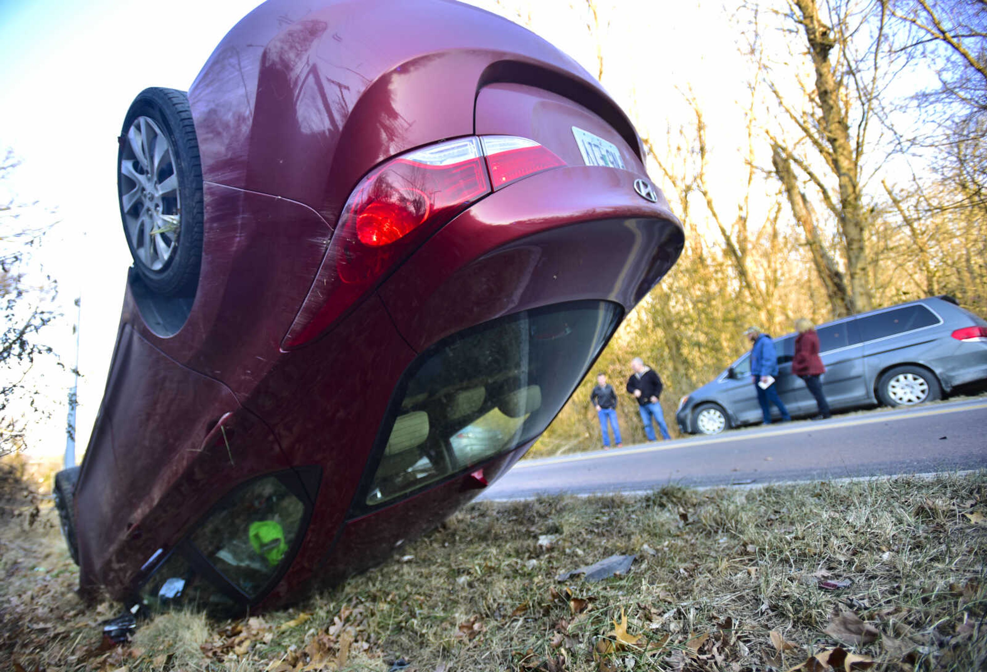 An overturned vehicle rests on the shoulder of Big Bend Road near Mechaw Drive after an accident Jan. 5, 2018 in Cape Girardeau. The vehicle flipped in an attempt to avoid a line of cars which had stopped for a school bus. Bystanders at the scene noted that liquid salt had been recently been applied to the roadway. No injuries were reported.