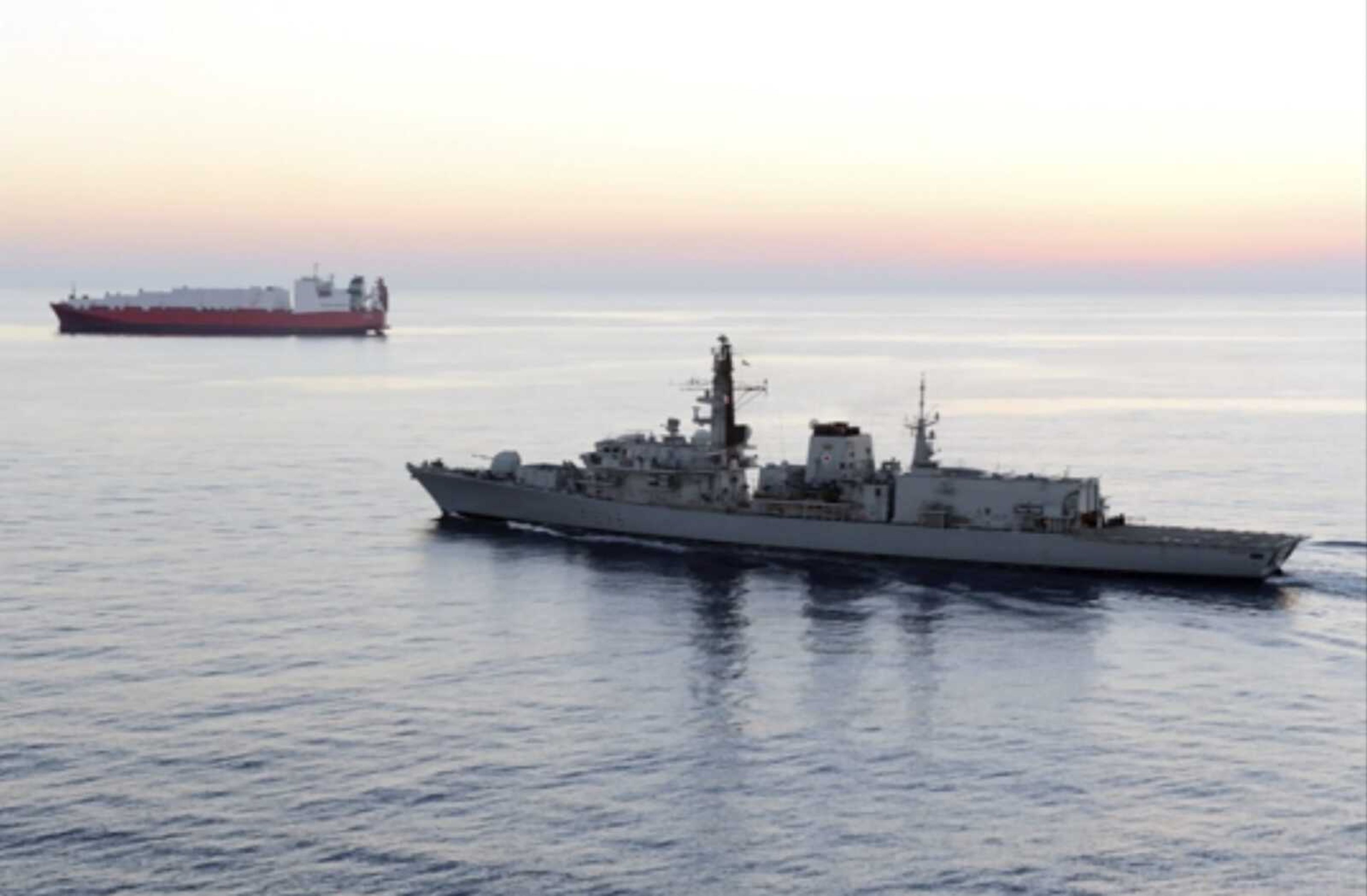 British navy vessel HMS Montrose escorts another ship during a mission to remove chemical weapons from Syria at sea off the coast of Cyprus in February 2014. The British Navy said it intercepted an attempt Thursday by three Iranian paramilitary vessels to impede the passage of a British commercial vessel.