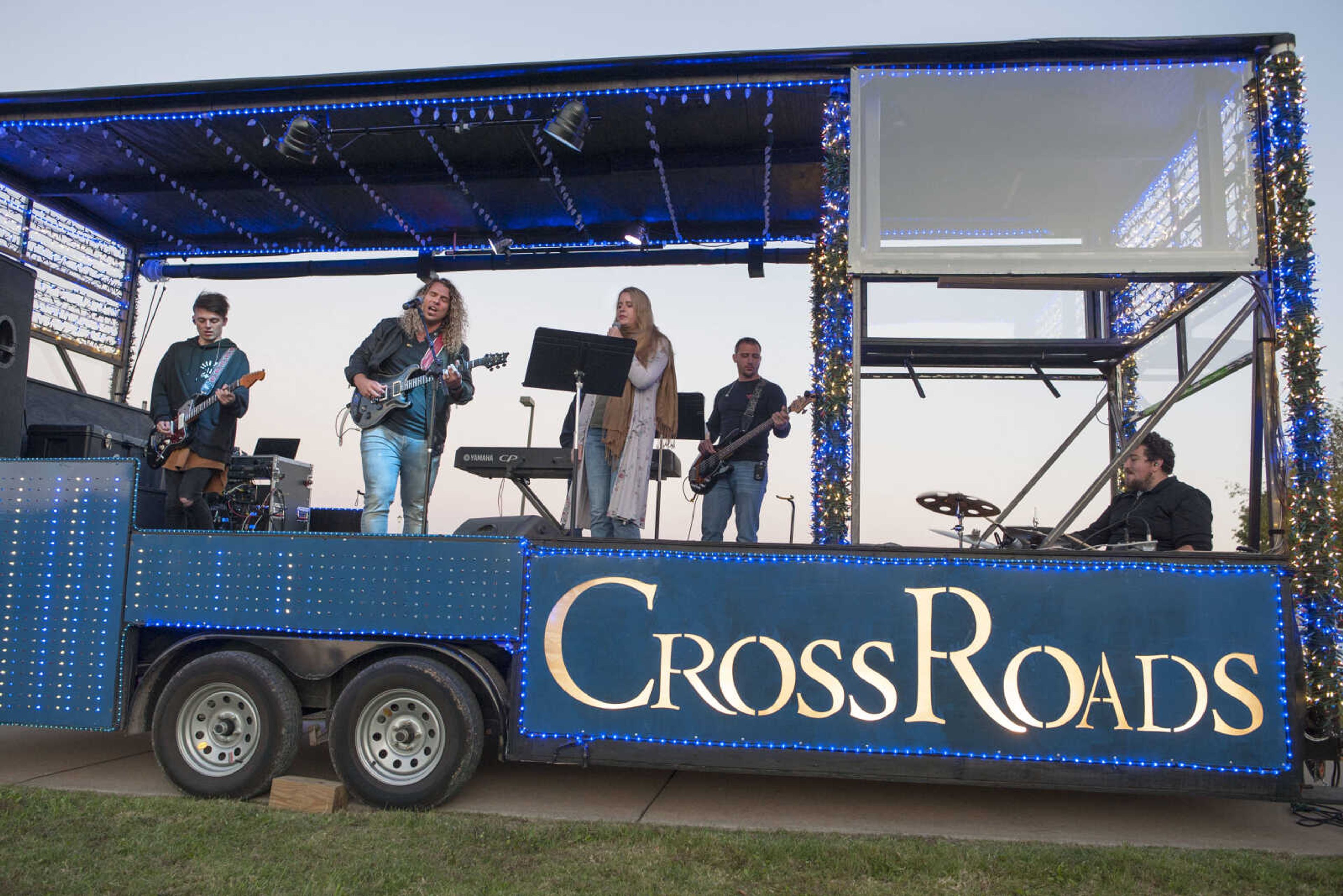 The Crossroads Church worship band performs on their mobile stage during a community worship event Sunday evening, Oct. 13, 2019, at Crossroads Church in Jackson.