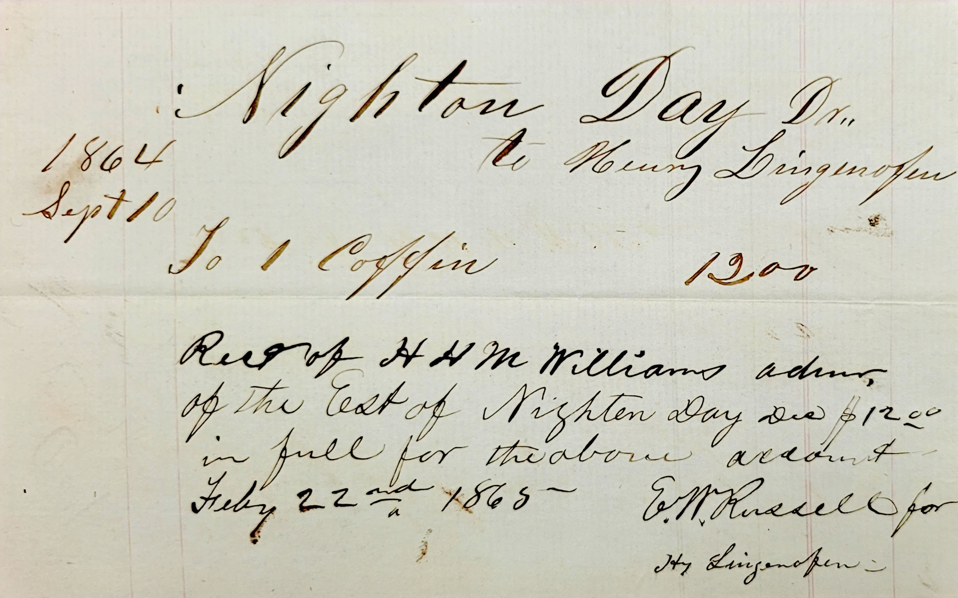 This receipt from the estate papers of Nighton Day (Box 38 Bundle 771, Cape Girardeau County Archive Center, Jackson) shows estate administrator H.H.M. Williams purchasing a coffin for $12 in 1864.