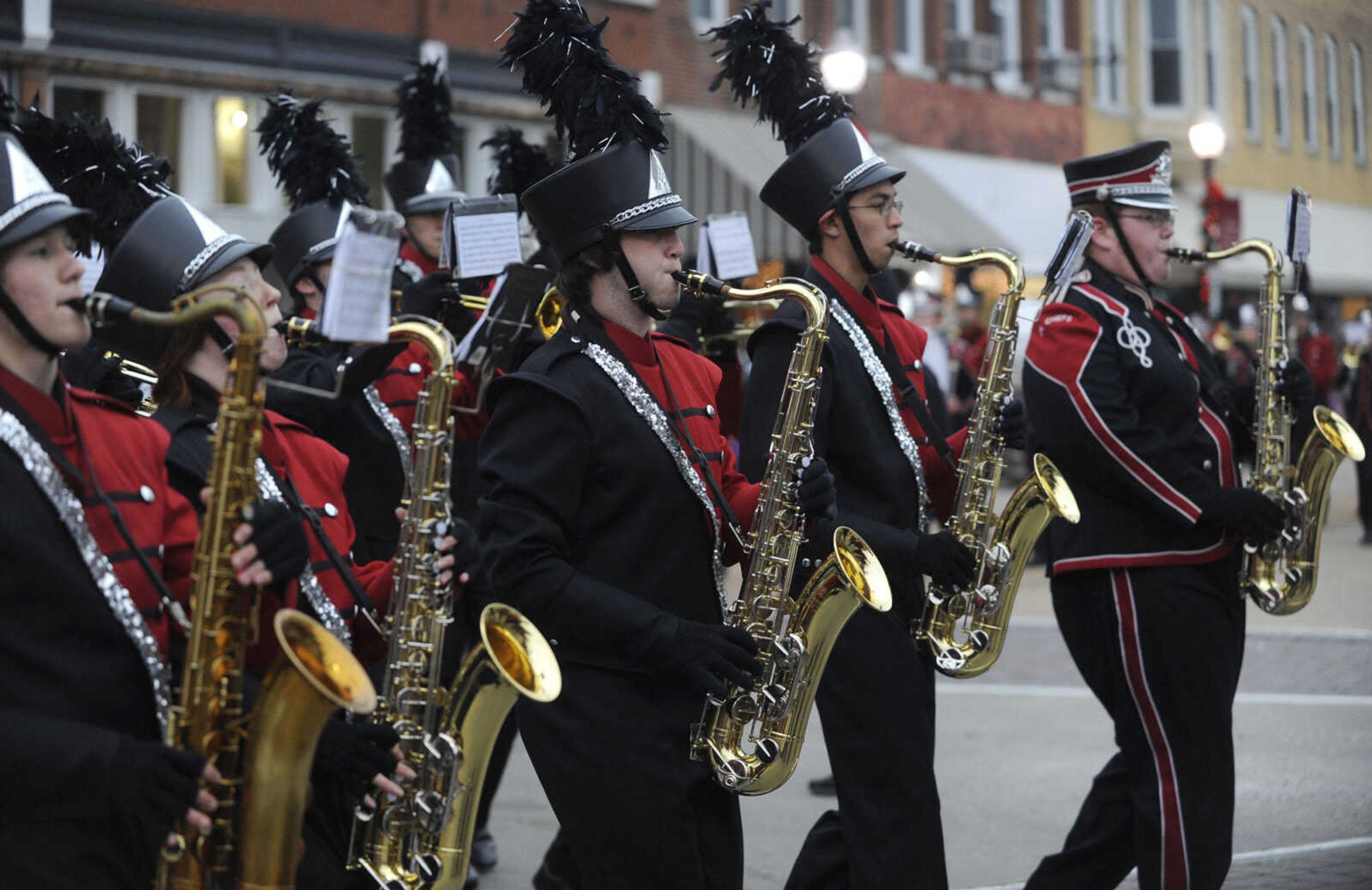 The Jackson Marching Chiefs perform in the Jackson Christmas parade Saturday, Dec. 6, 2014 in Jackson.