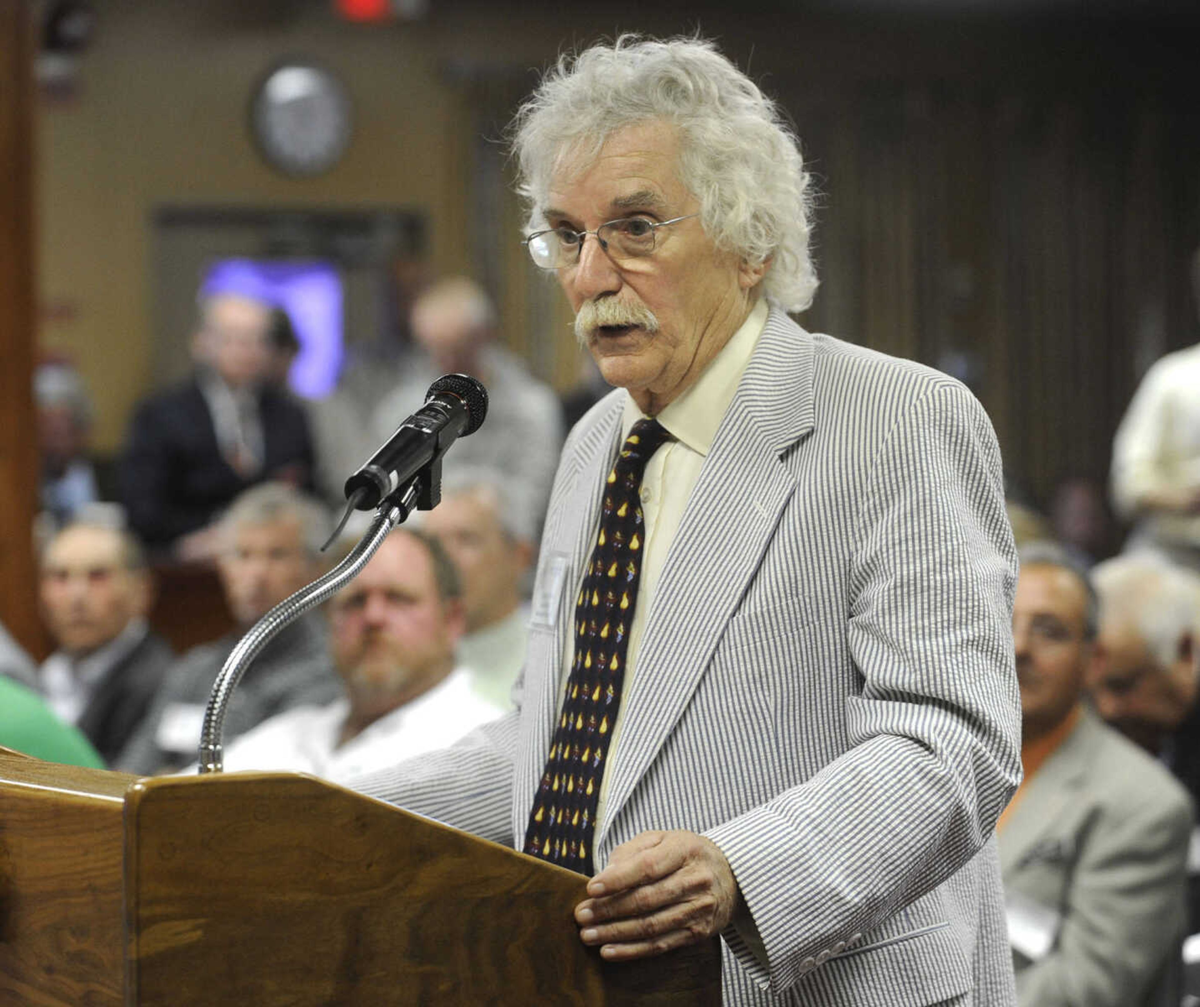 FRED LYNCH ~ flynch@semissourian.com
Lester Goodin, a Mississippi County farmer, speaks to members of the Mississippi River Commission Monday, Aug. 15, 2011 at New Madrid, Mo.